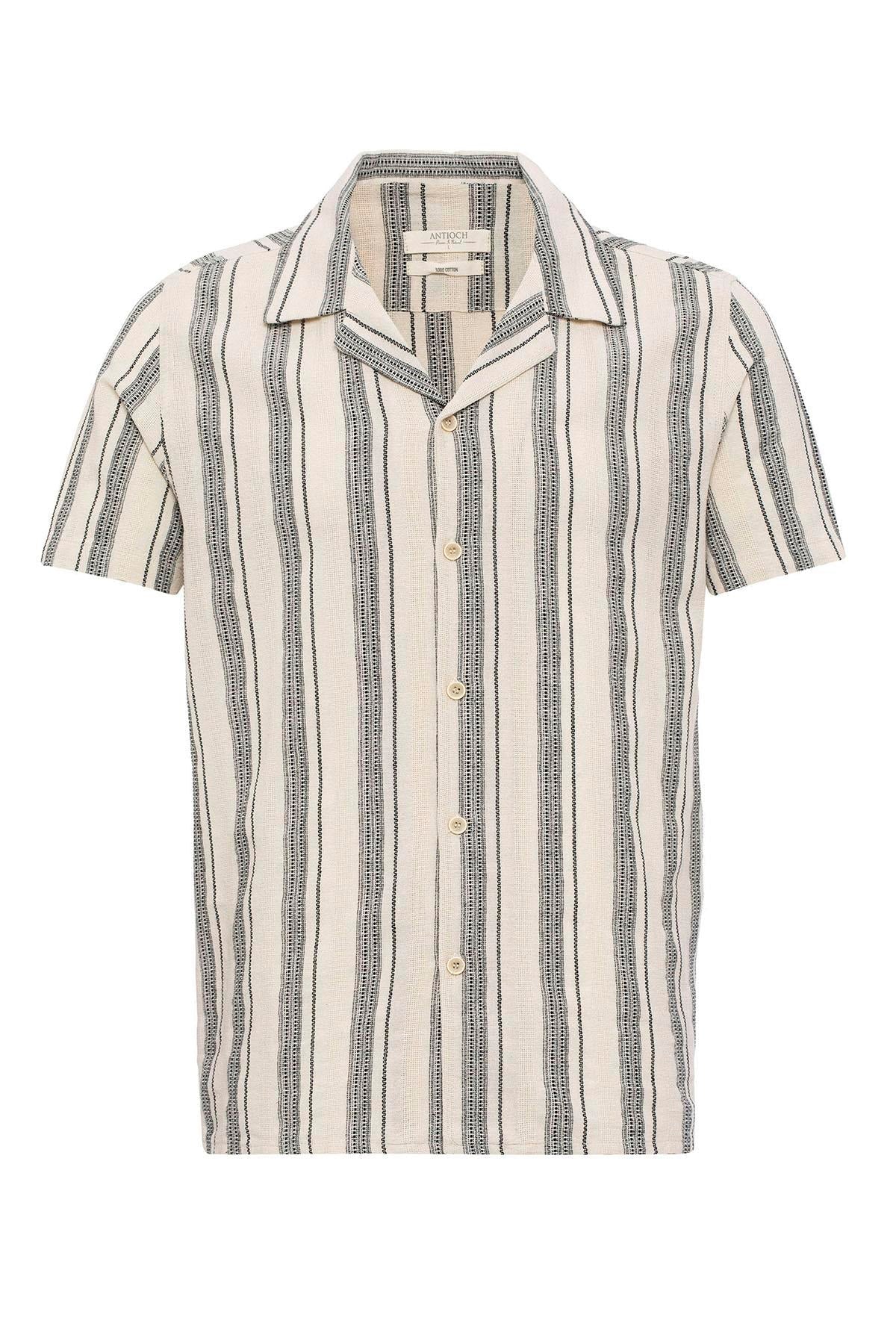 KOALA SYDNEY Men's Black Camp Collar Striped Short Sleeve Shirt