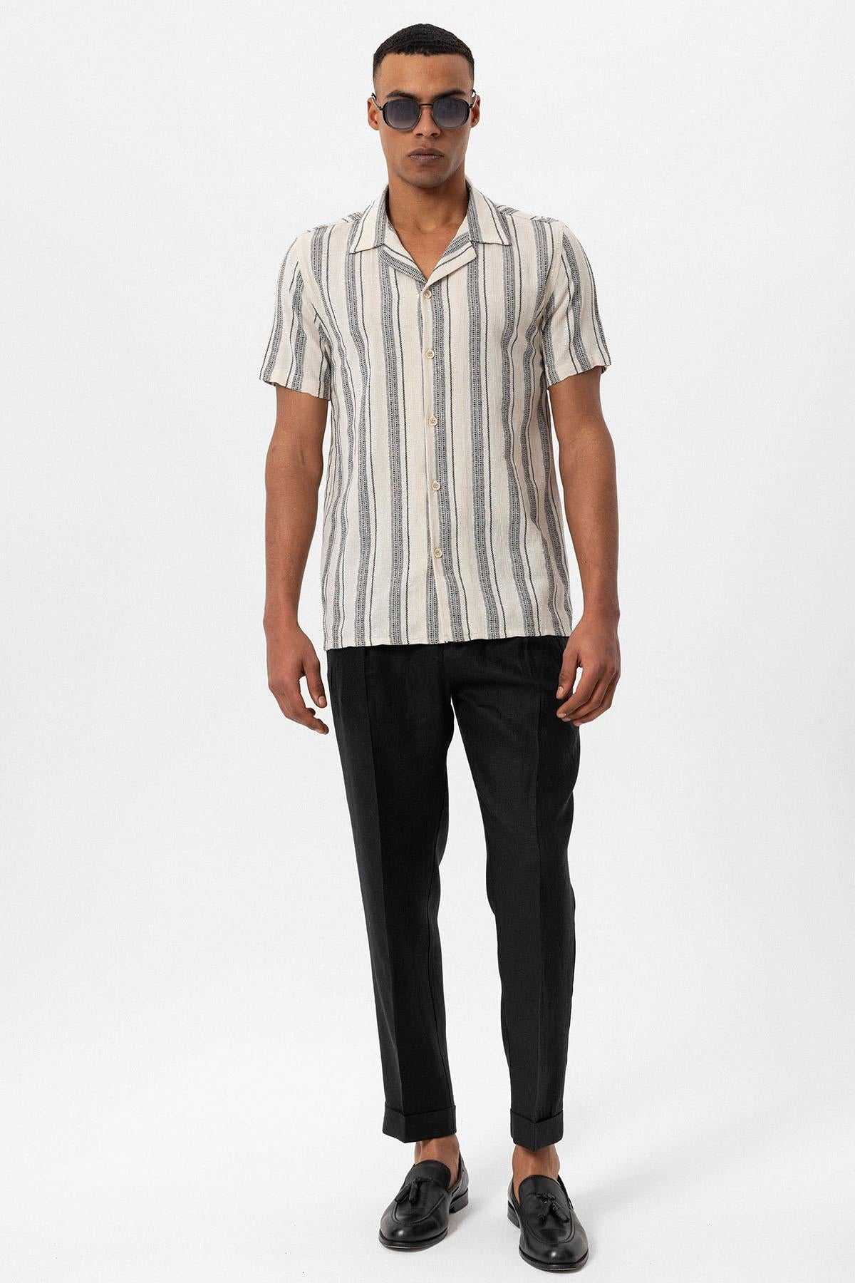 KOALA SYDNEY Men's Black Camp Collar Striped Short Sleeve Shirt -