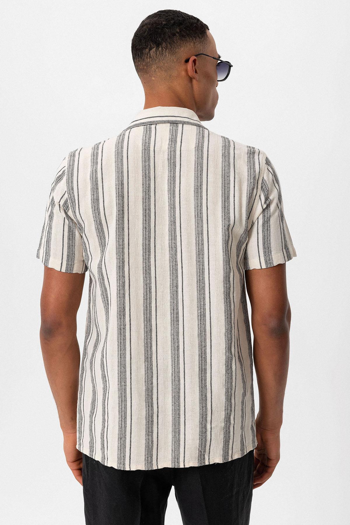 KOALA SYDNEY Men's Black Camp Collar Striped Short Sleeve Shirt -