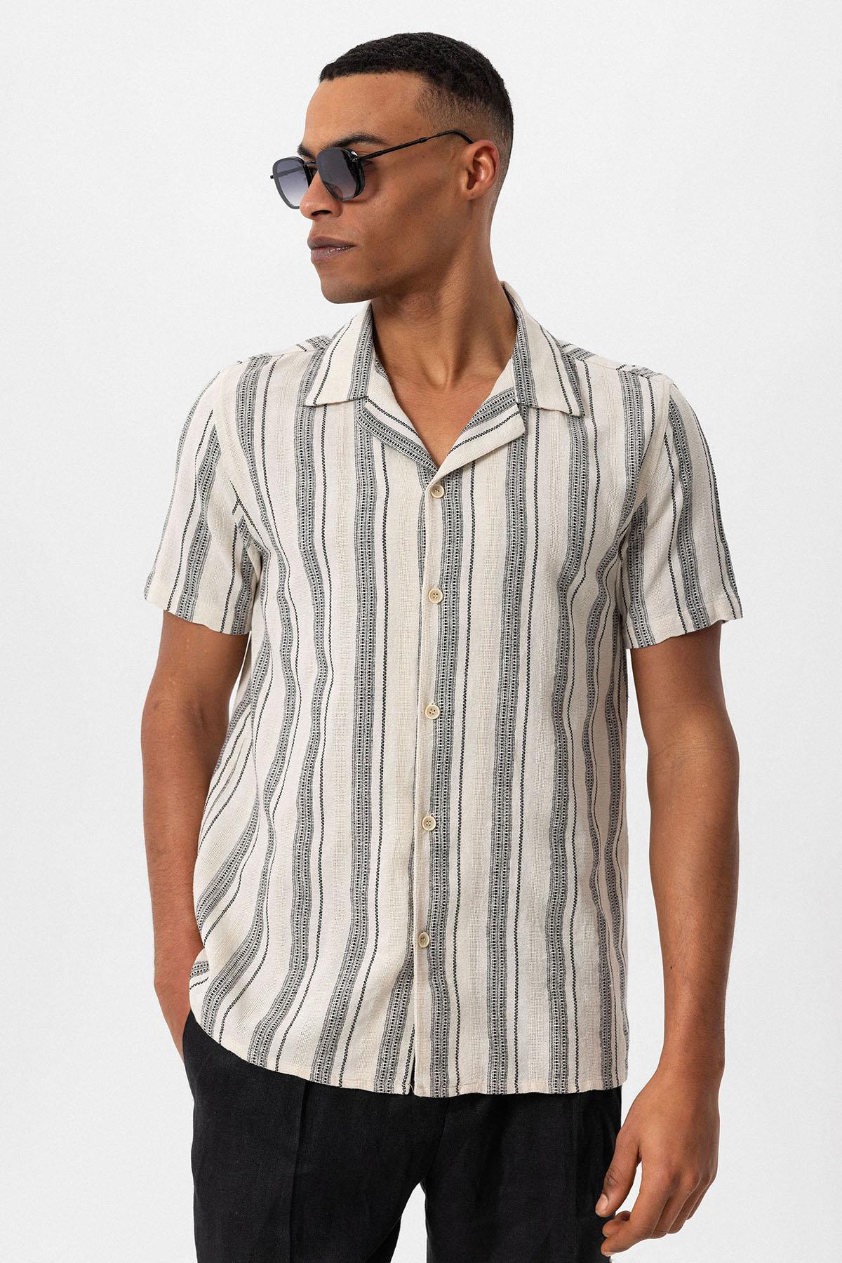KOALA SYDNEY Men's Black Camp Collar Striped Short Sleeve Shirt