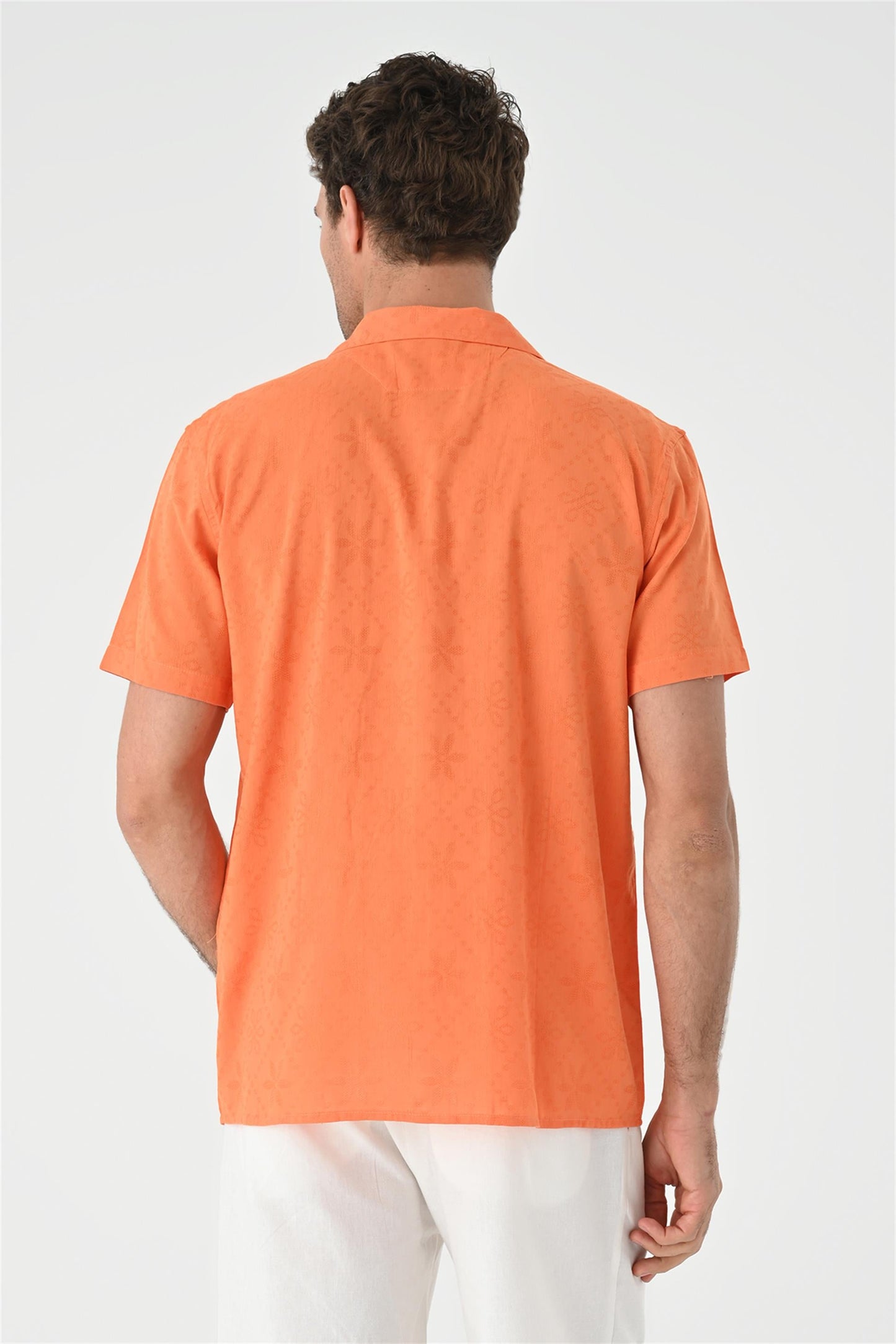 Men's Orange Knitted Patterned Shirt with Camp Collar