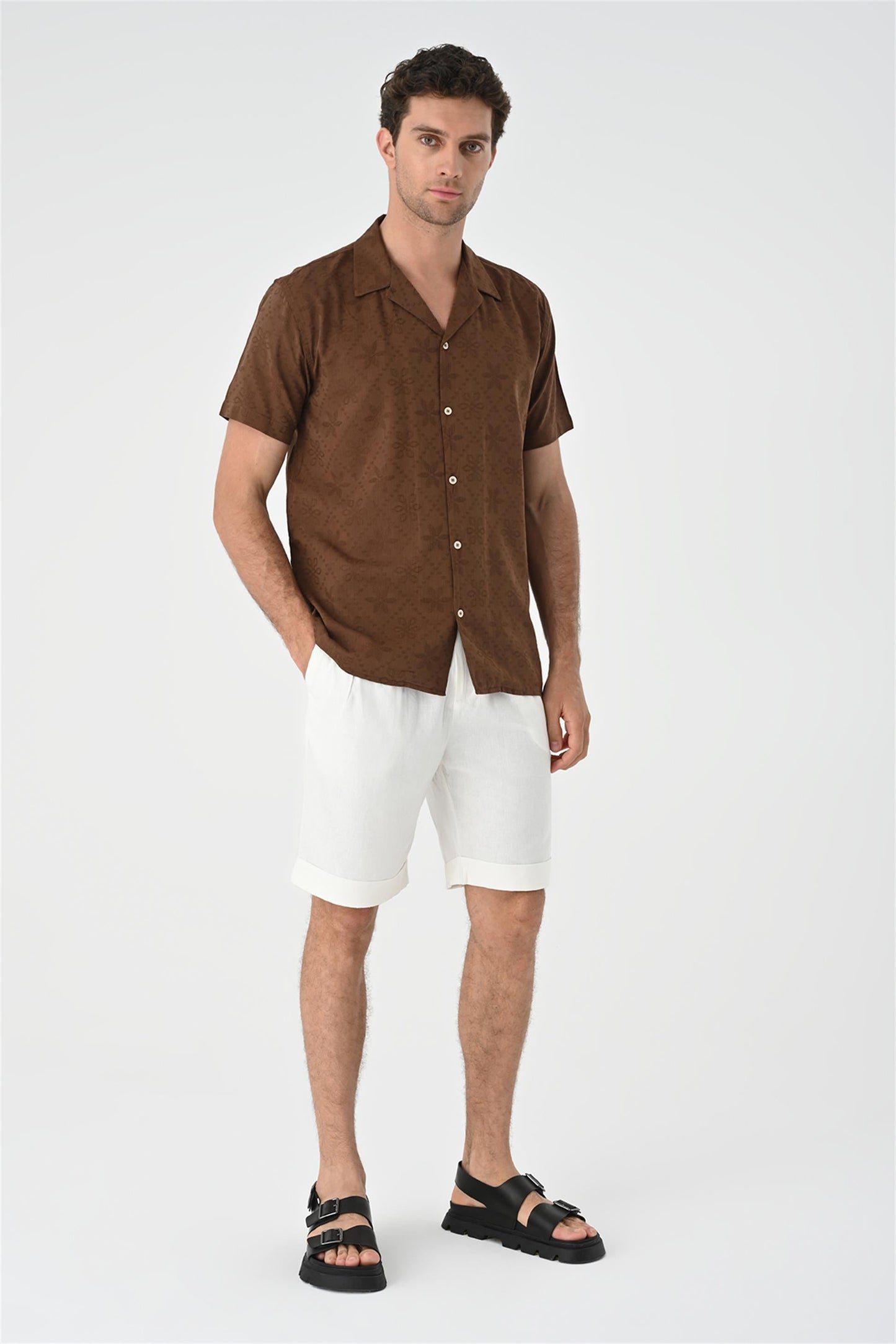 KOALA SYDNEY Men's Brown Knitted Patterned Shirt with Camp Collar -