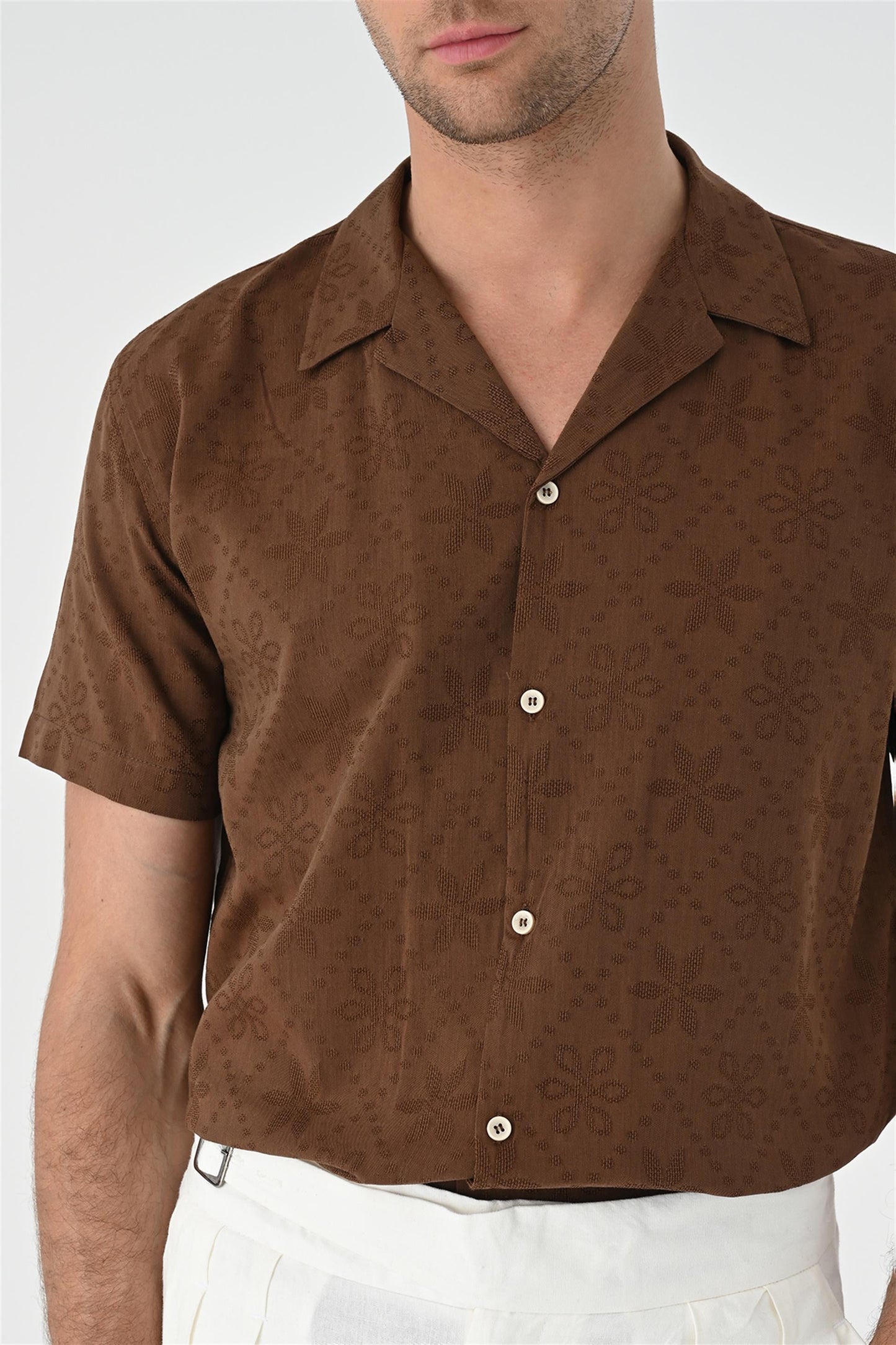 KOALA SYDNEY Men's Brown Knitted Patterned Shirt with Camp Collar -