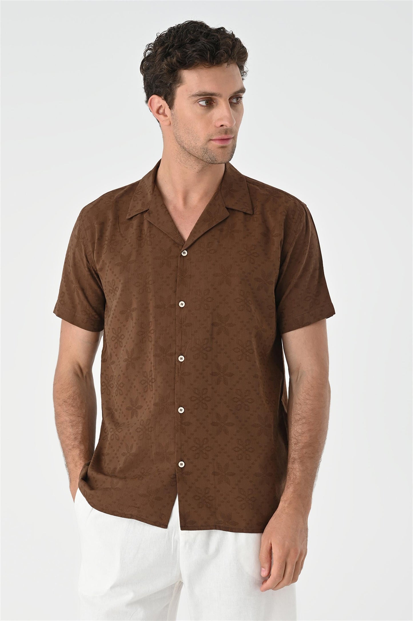 KOALA SYDNEY Men's Brown Knitted Patterned Shirt with Camp Collar -