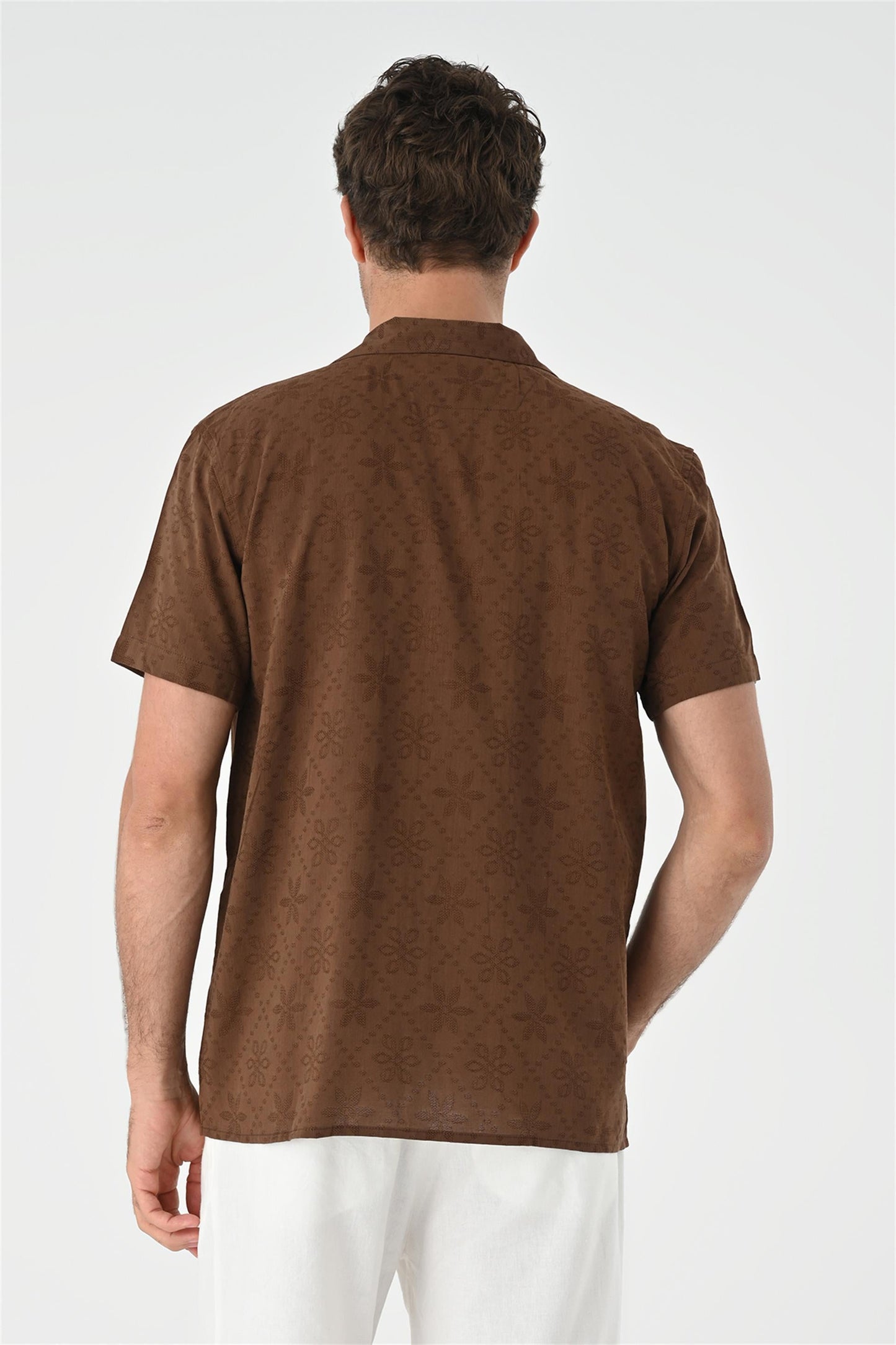 Men's Brown Knitted Patterned Shirt with Camp Collar