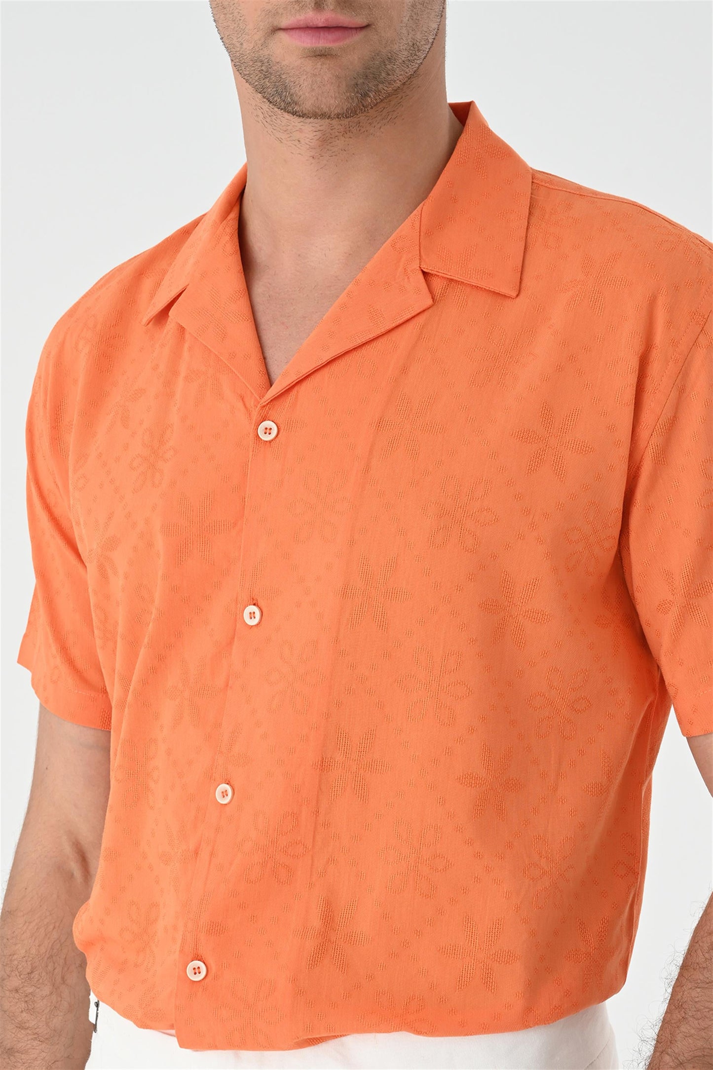 Men's Orange Knitted Patterned Shirt with Camp Collar
