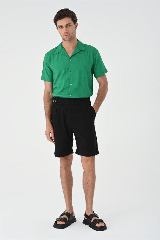 Men's Duck Green Woven Pattern Open Collar Shirt