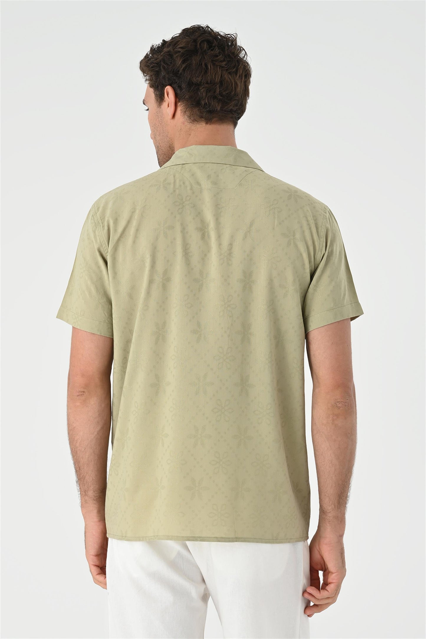 Men's Light Khaki Woven Pattern Open Collar Shirt