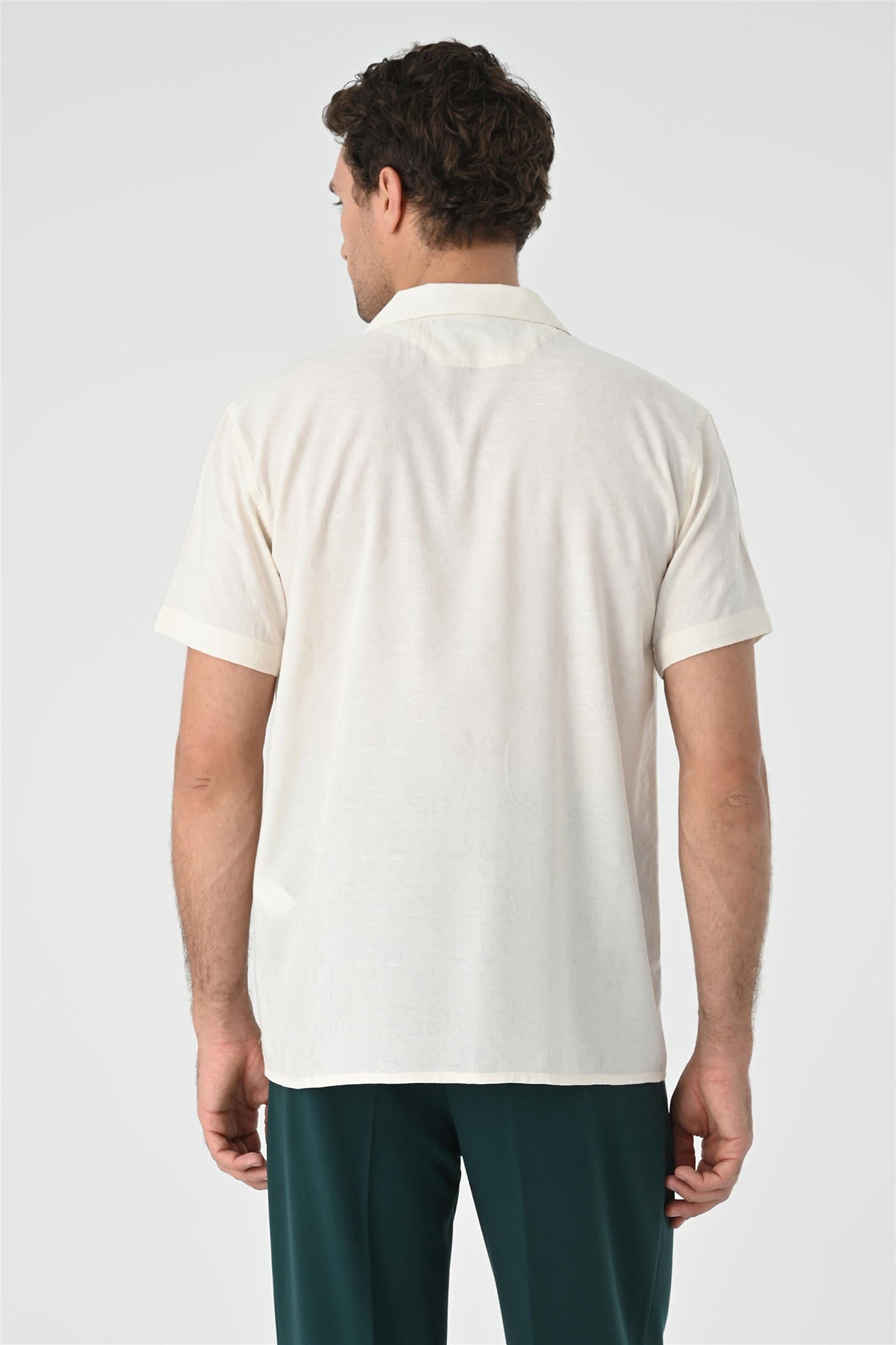 Men's Ecru Knitted Patterned Shirt with Camp Collar