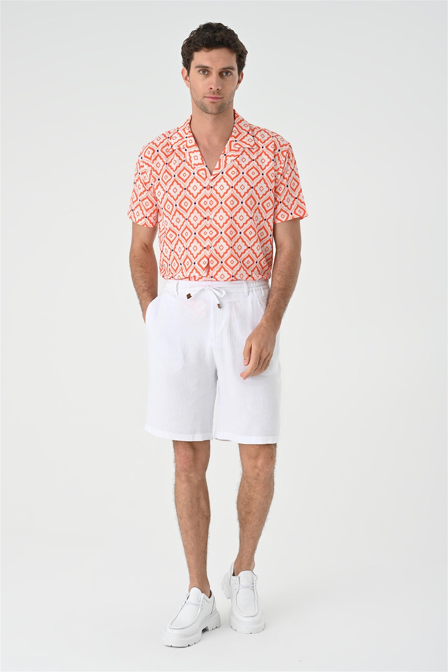 KOALA SYDNEY Men's Orange Ethnic Pattern Open Collar Short Sleeve Shirt