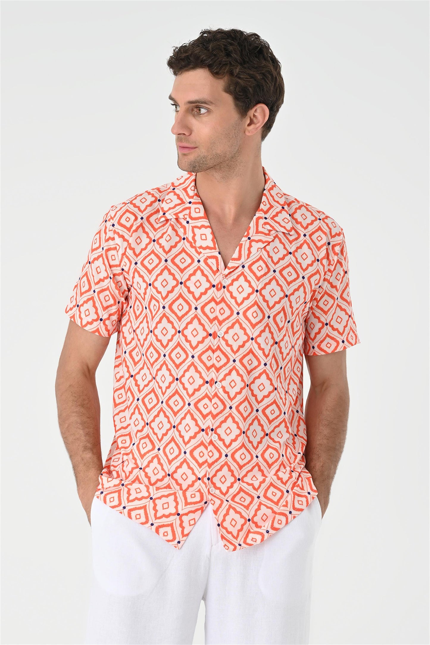 KOALA SYDNEY Men's Orange Ethnic Pattern Open Collar Short Sleeve Shirt