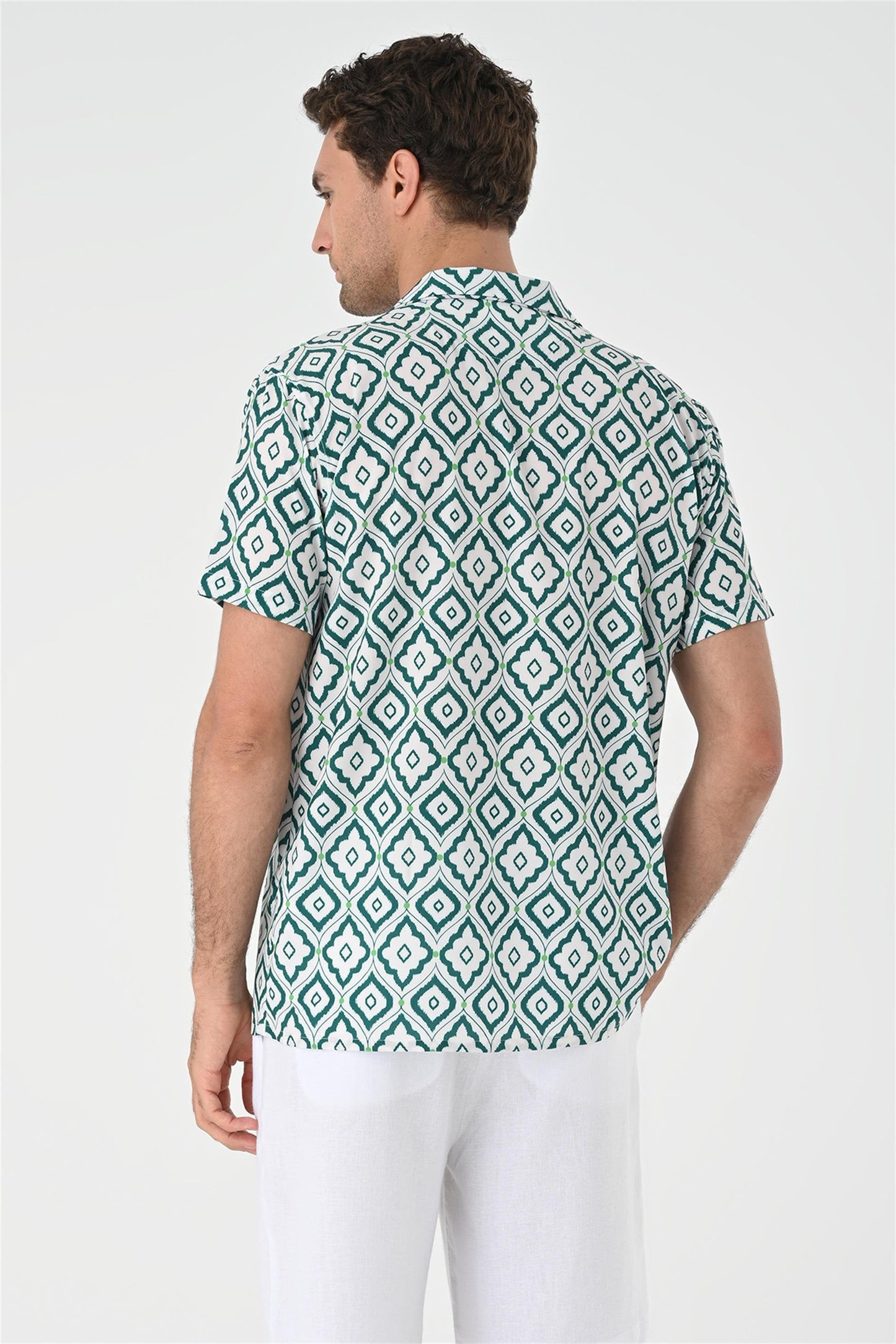 KOALA SYDNEY Men's Green Ethnic Pattern Open Collar Short Sleeve Shirt