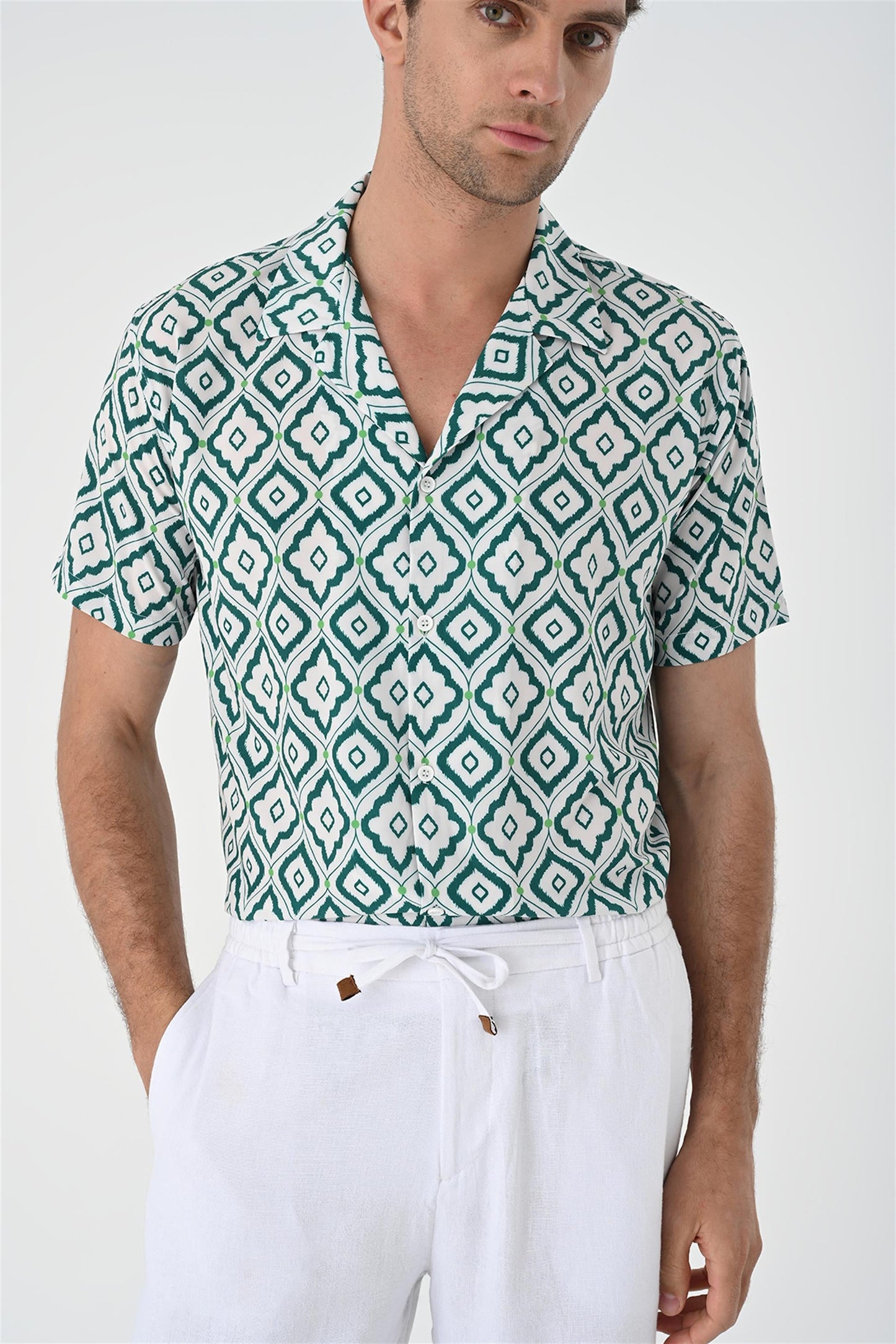 KOALA SYDNEY Men's Green Ethnic Pattern Open Collar Short Sleeve Shirt