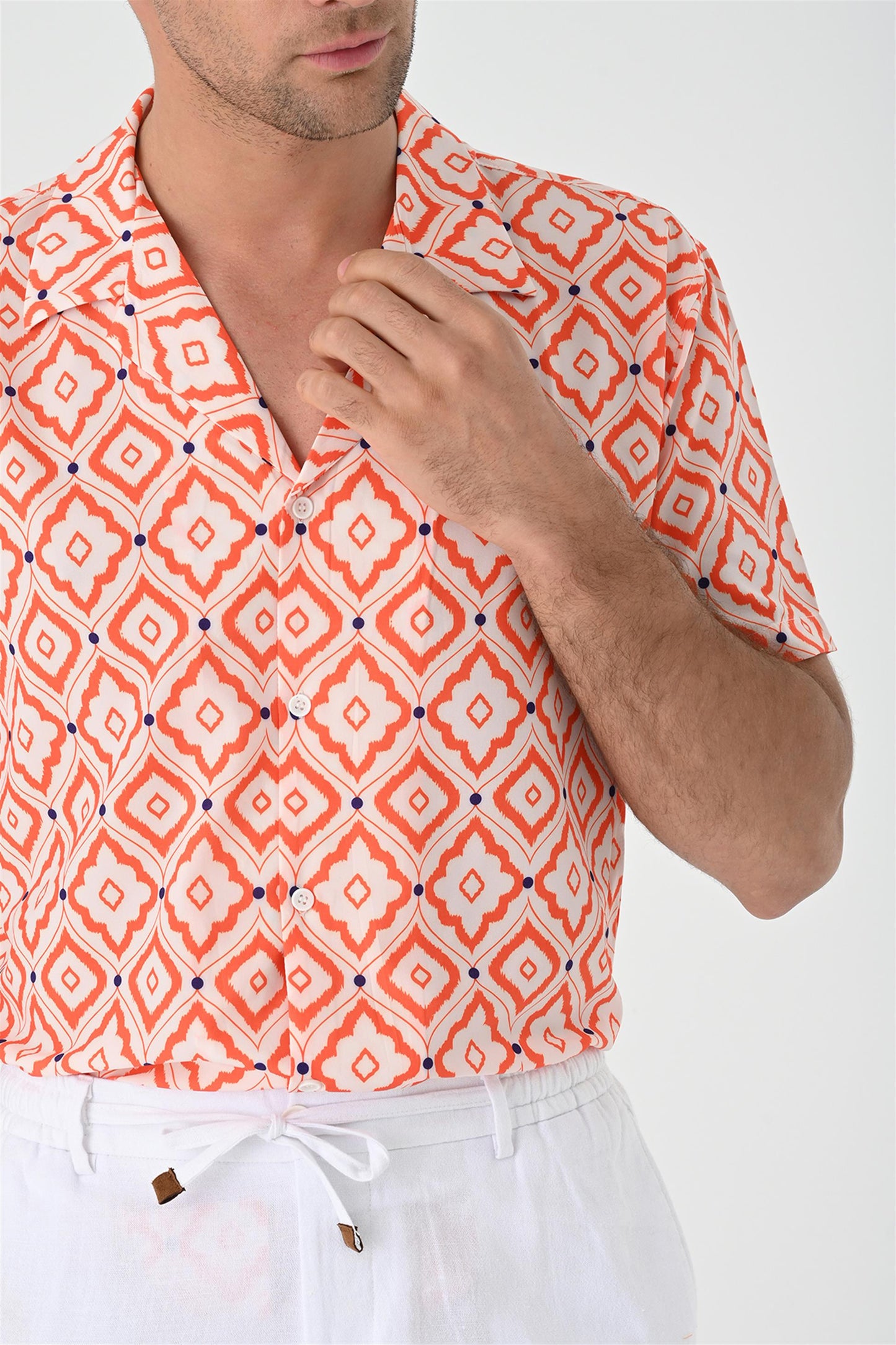 KOALA SYDNEY Men's Orange Ethnic Pattern Open Collar Short Sleeve Shirt