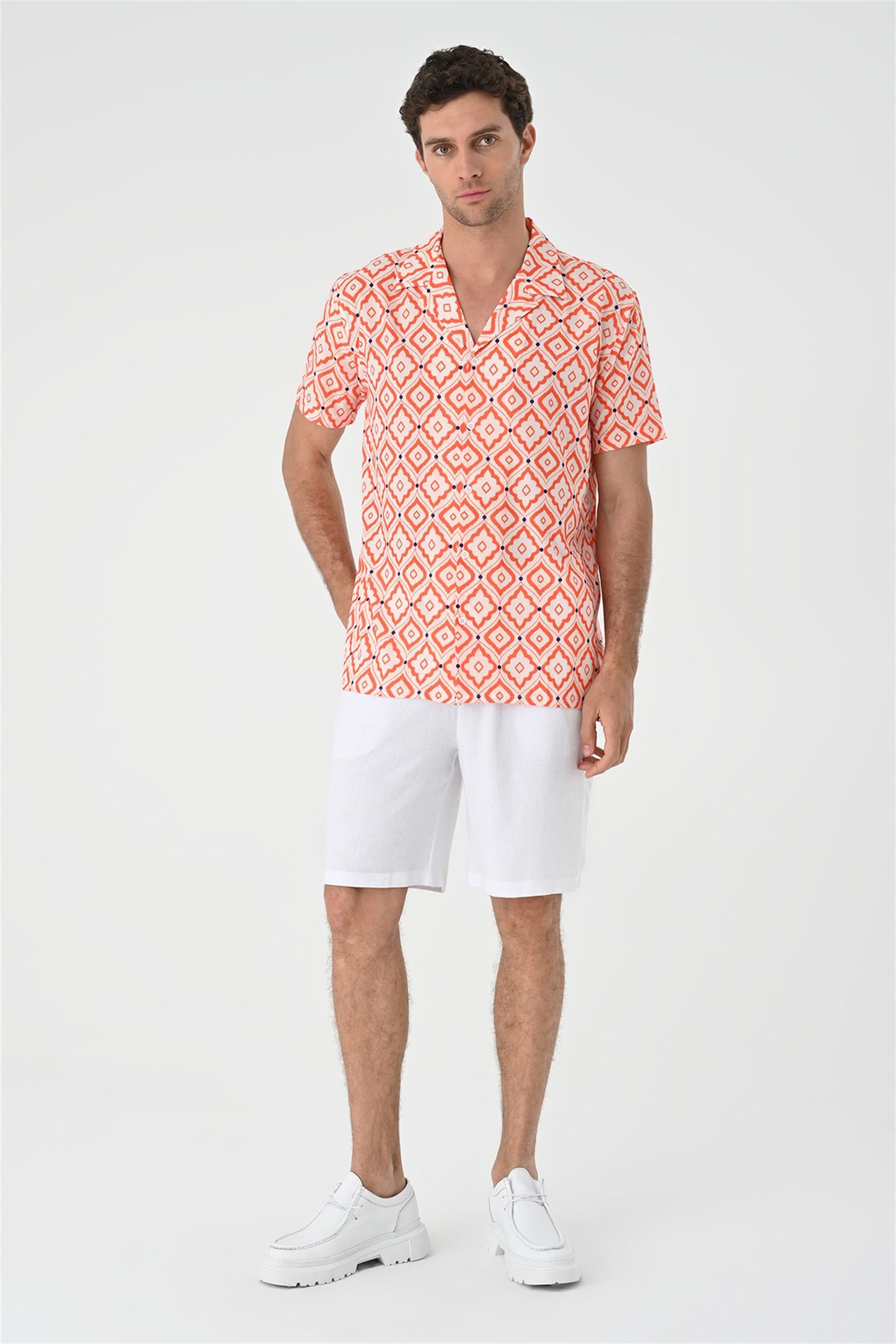 KOALA SYDNEY Men's Orange Ethnic Pattern Open Collar Short Sleeve Shirt