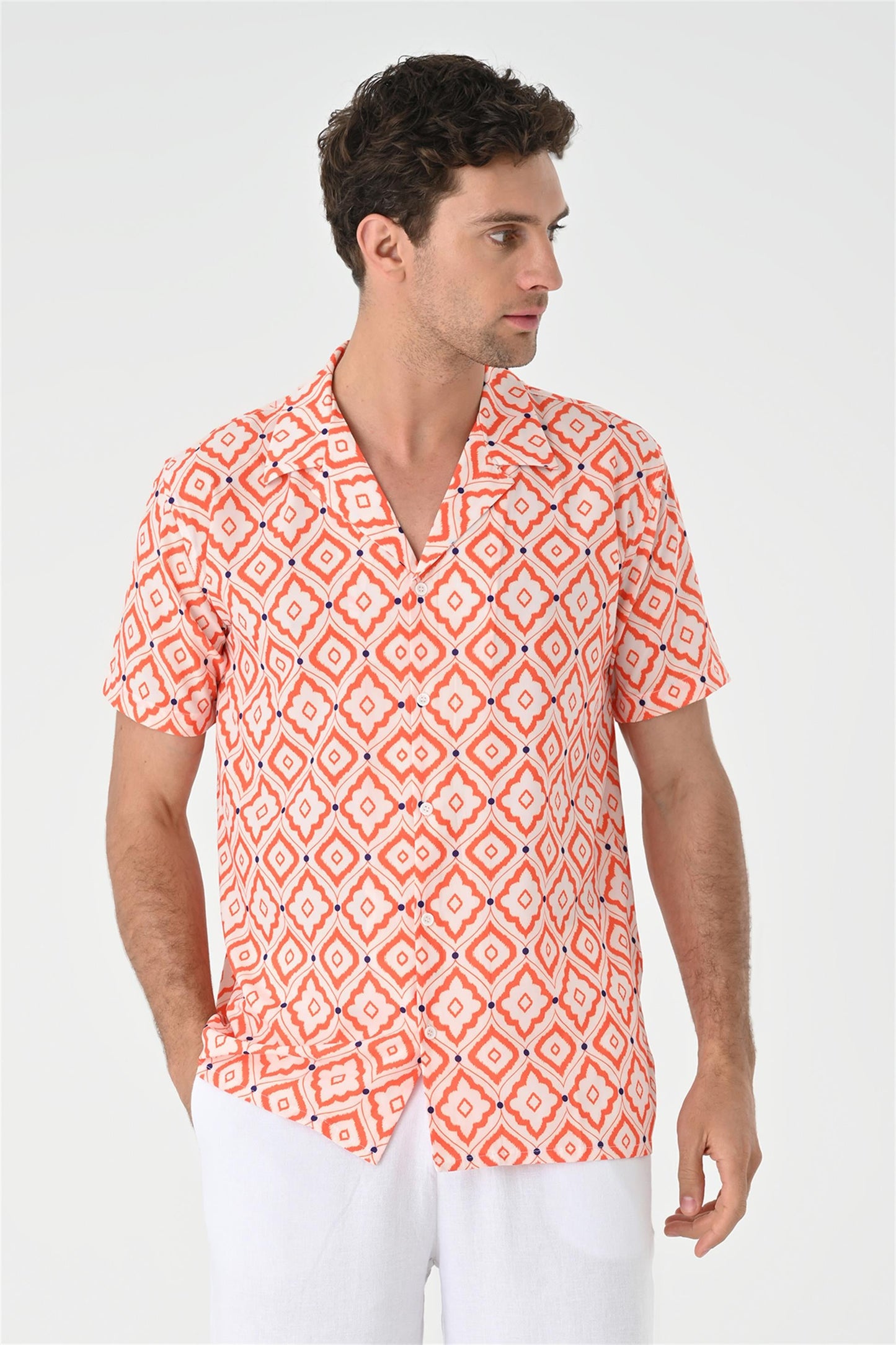 KOALA SYDNEY Men's Orange Ethnic Pattern Open Collar Short Sleeve Shirt