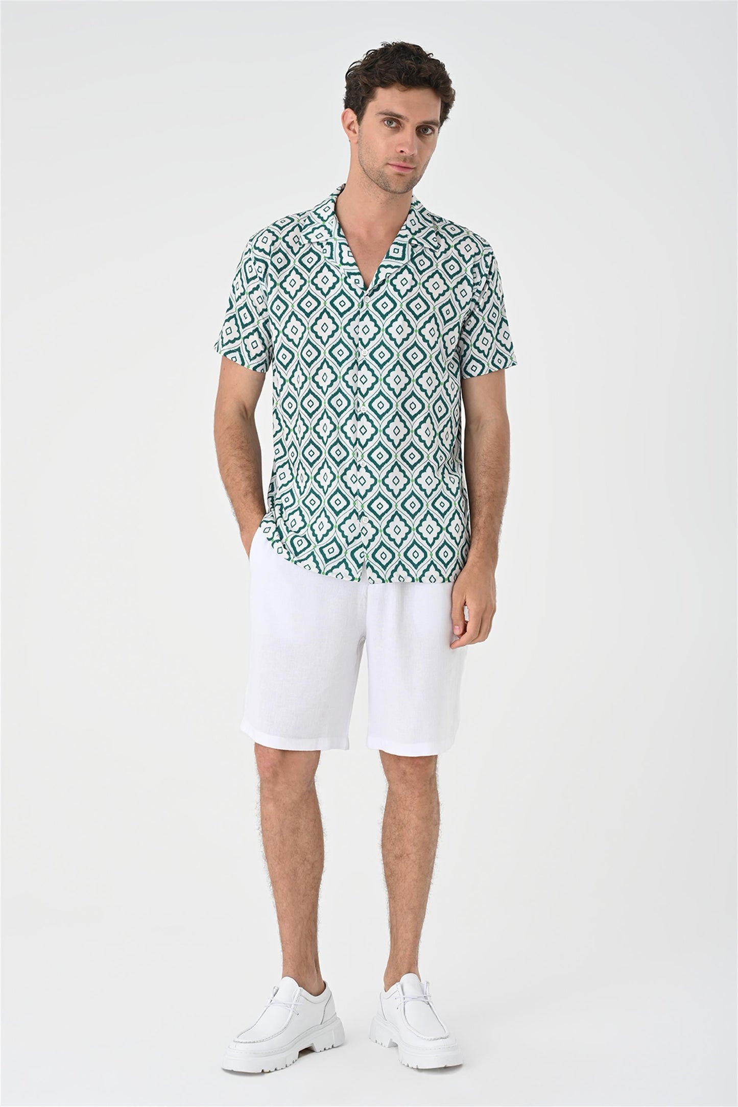 KOALA SYDNEY Men's Green Ethnic Pattern Open Collar Short Sleeve Shirt