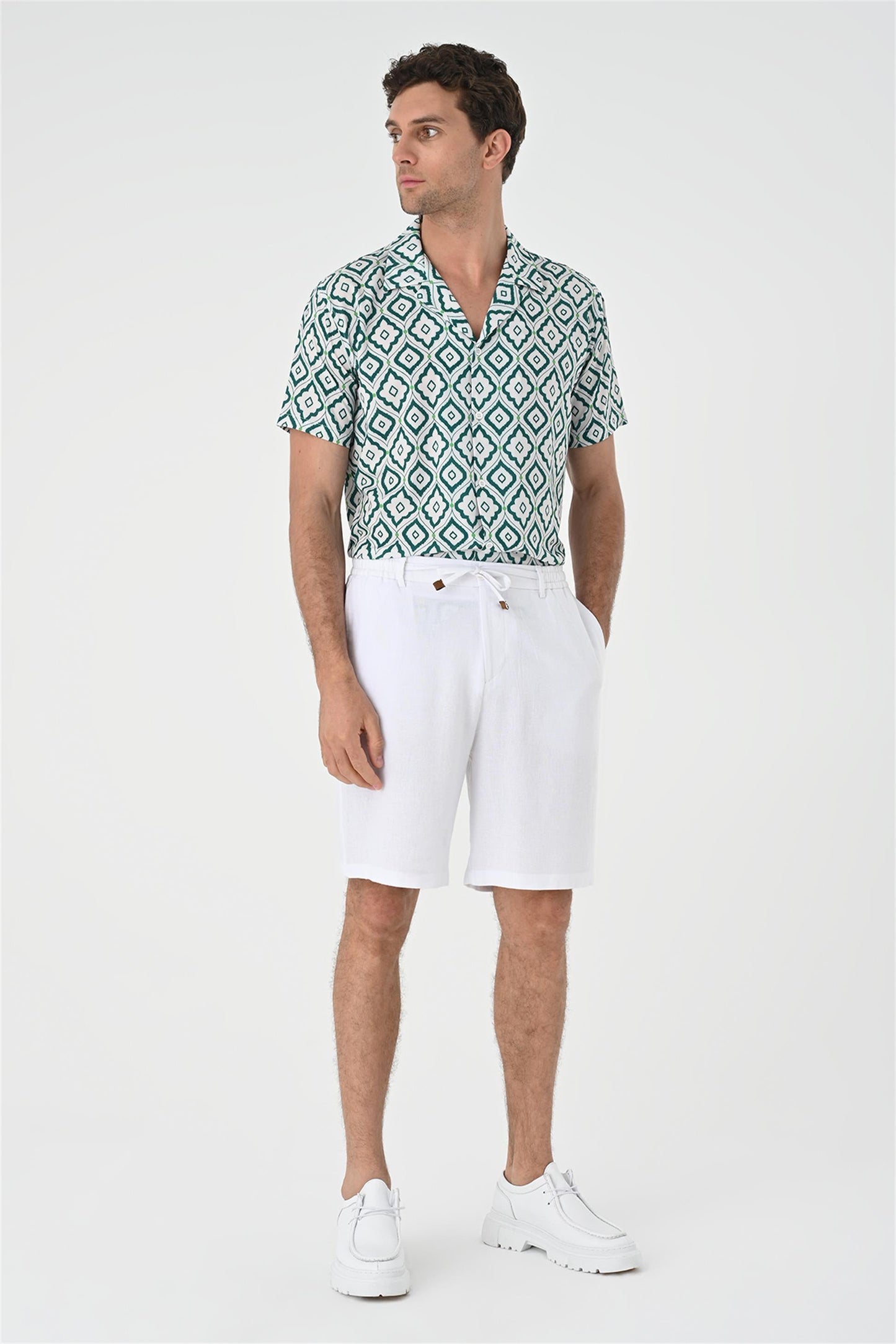 KOALA SYDNEY Men's Green Ethnic Pattern Open Collar Short Sleeve Shirt