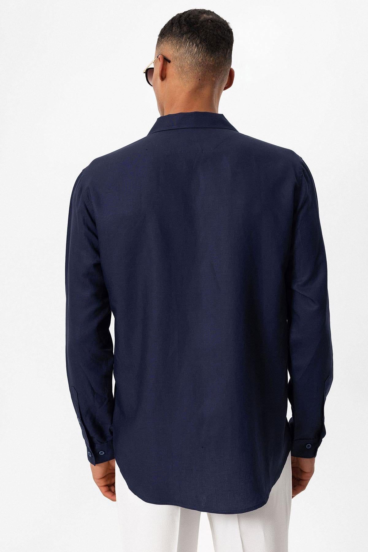 Men's Navy Blue Camp Collar Linen Blend Long-Sleeve Shirt