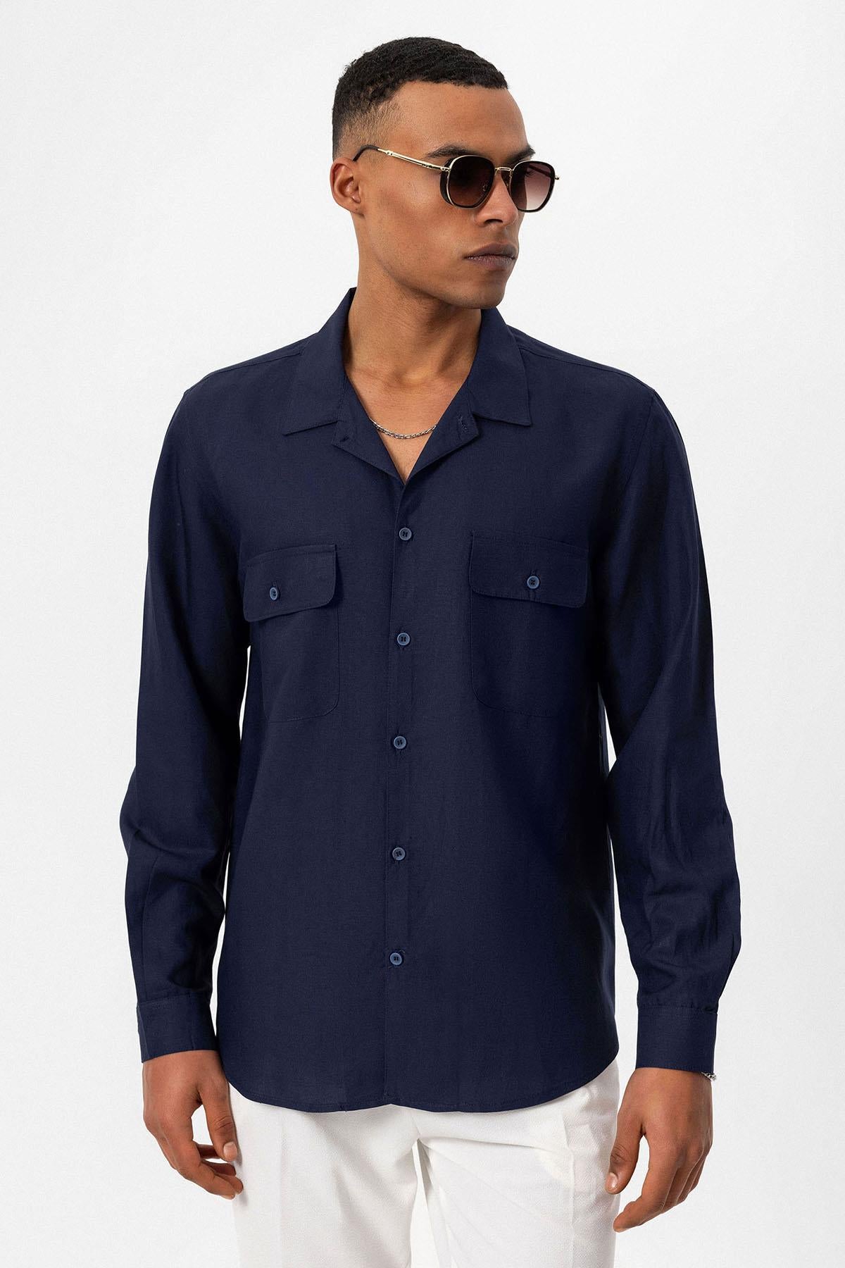Men's Navy Blue Camp Collar Linen Blend Long-Sleeve Shirt