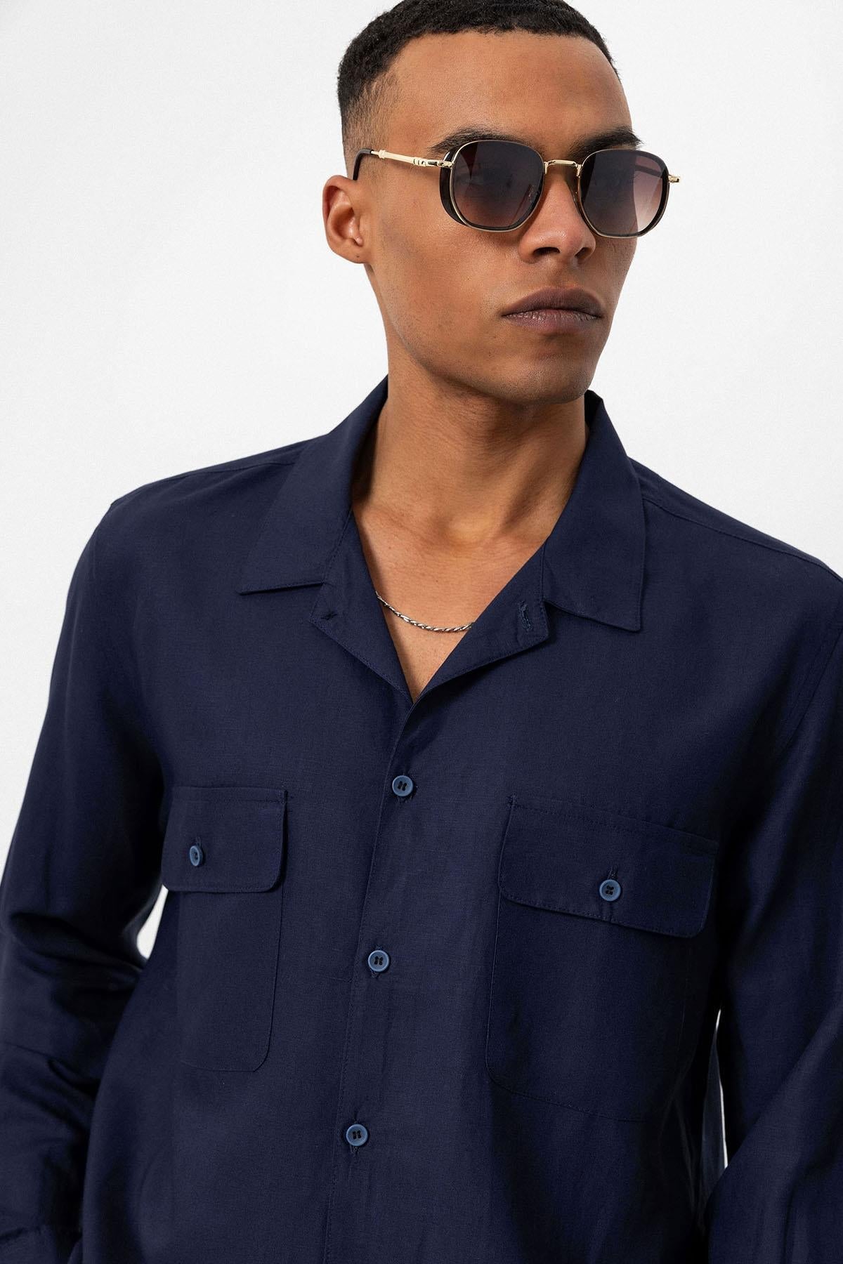Men's Navy Blue Camp Collar Linen Blend Long-Sleeve Shirt