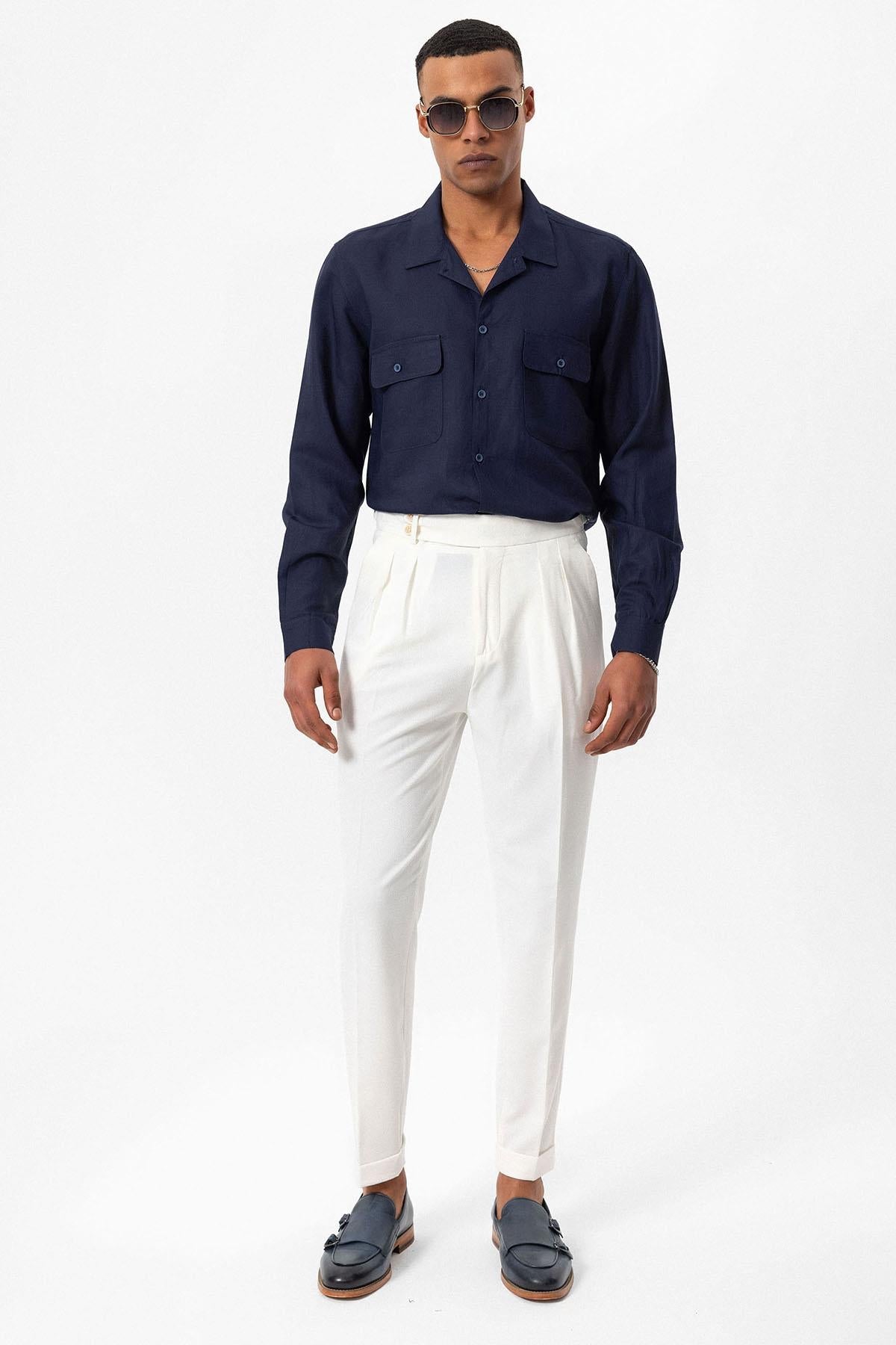 Men's Navy Blue Camp Collar Linen Blend Long-Sleeve Shirt