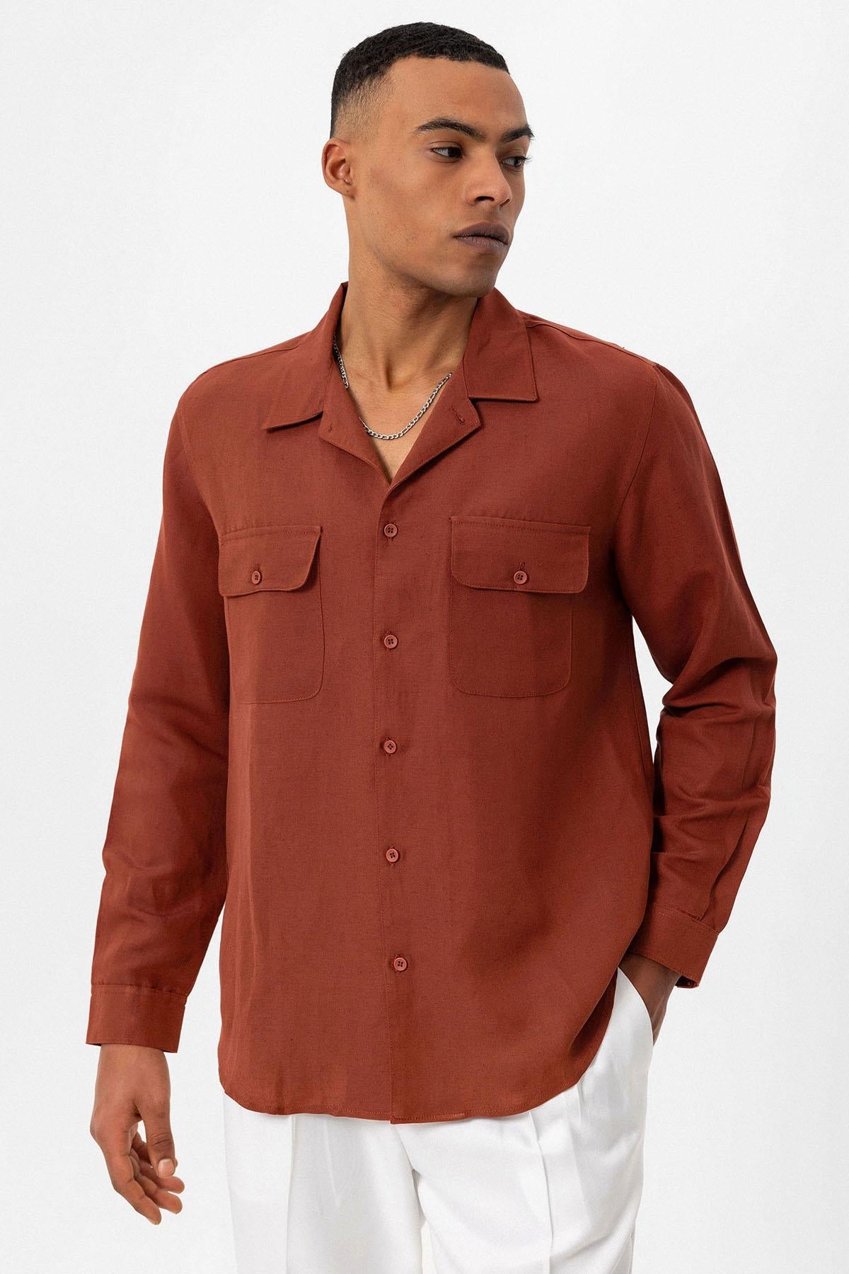 Men's Tile Camp Collar Linen Blend Long-Sleeve Shirt