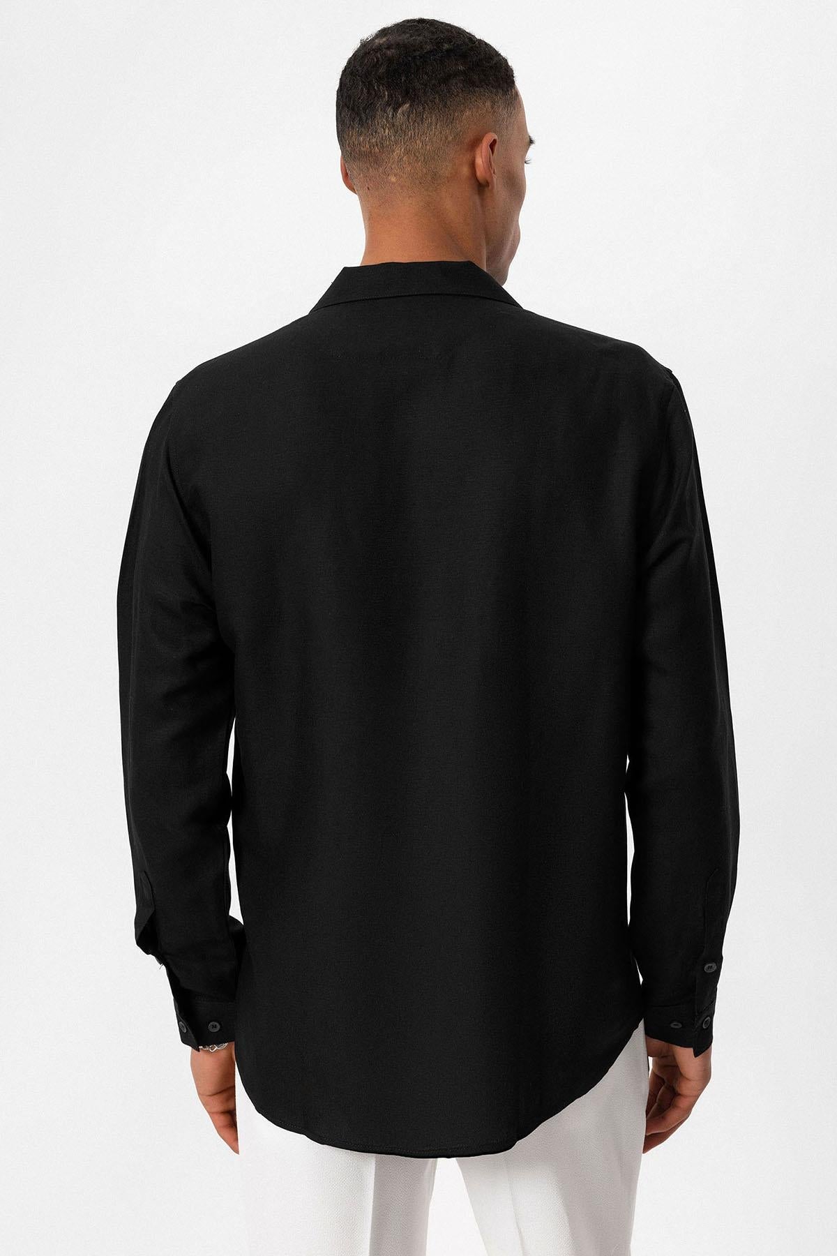 Men's Black Camp Collar Linen Blend Long-Sleeve Shirt