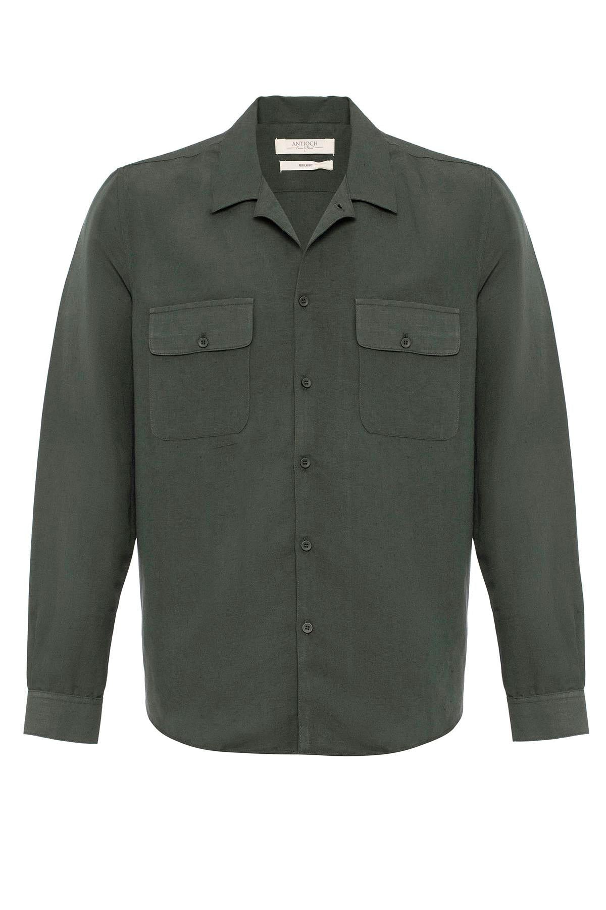 Men's Khaki Camp Collar Linen Blend Long-Sleeve Shirt -