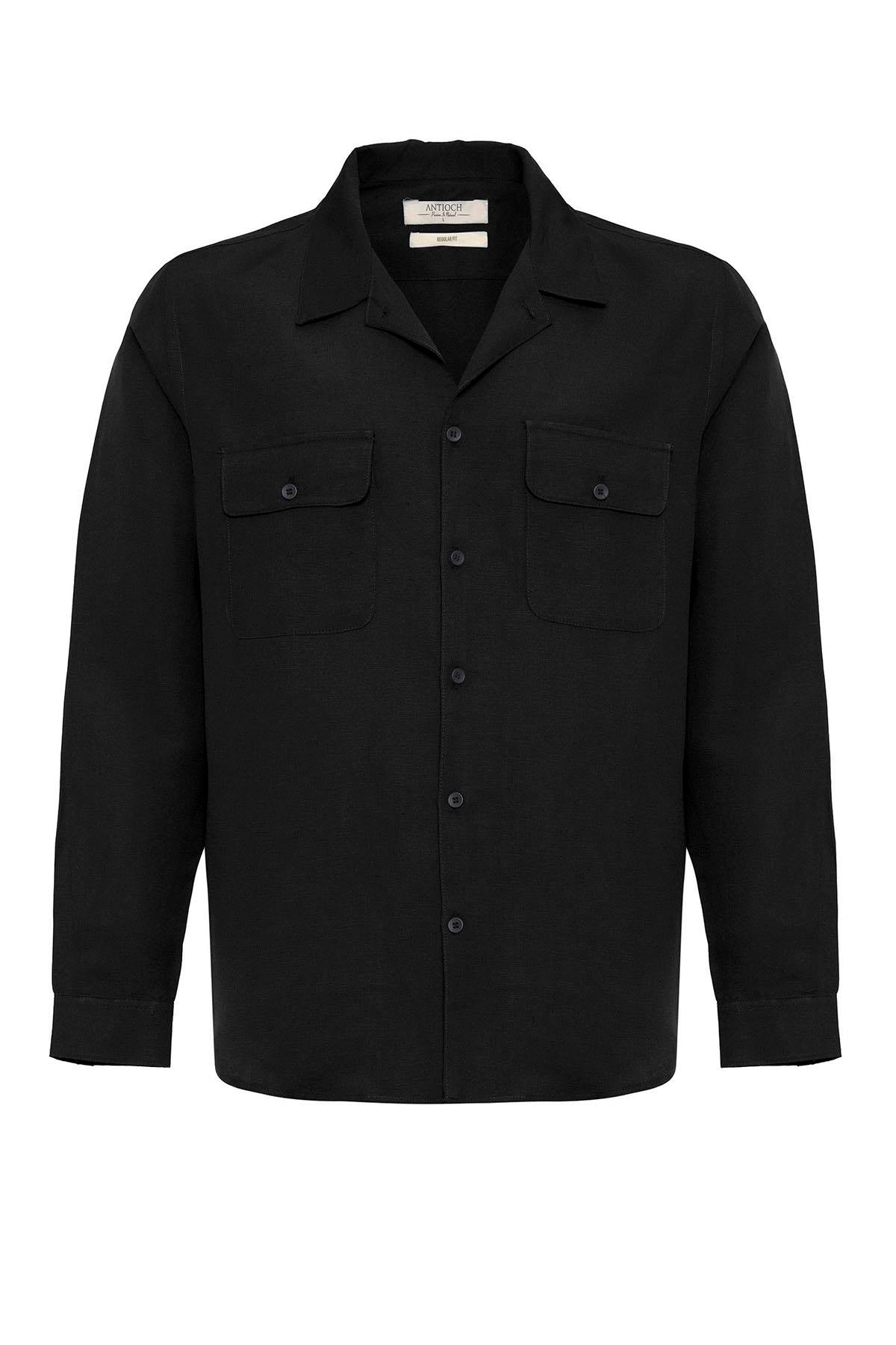 Men's Black Camp Collar Linen Blend Long-Sleeve Shirt -