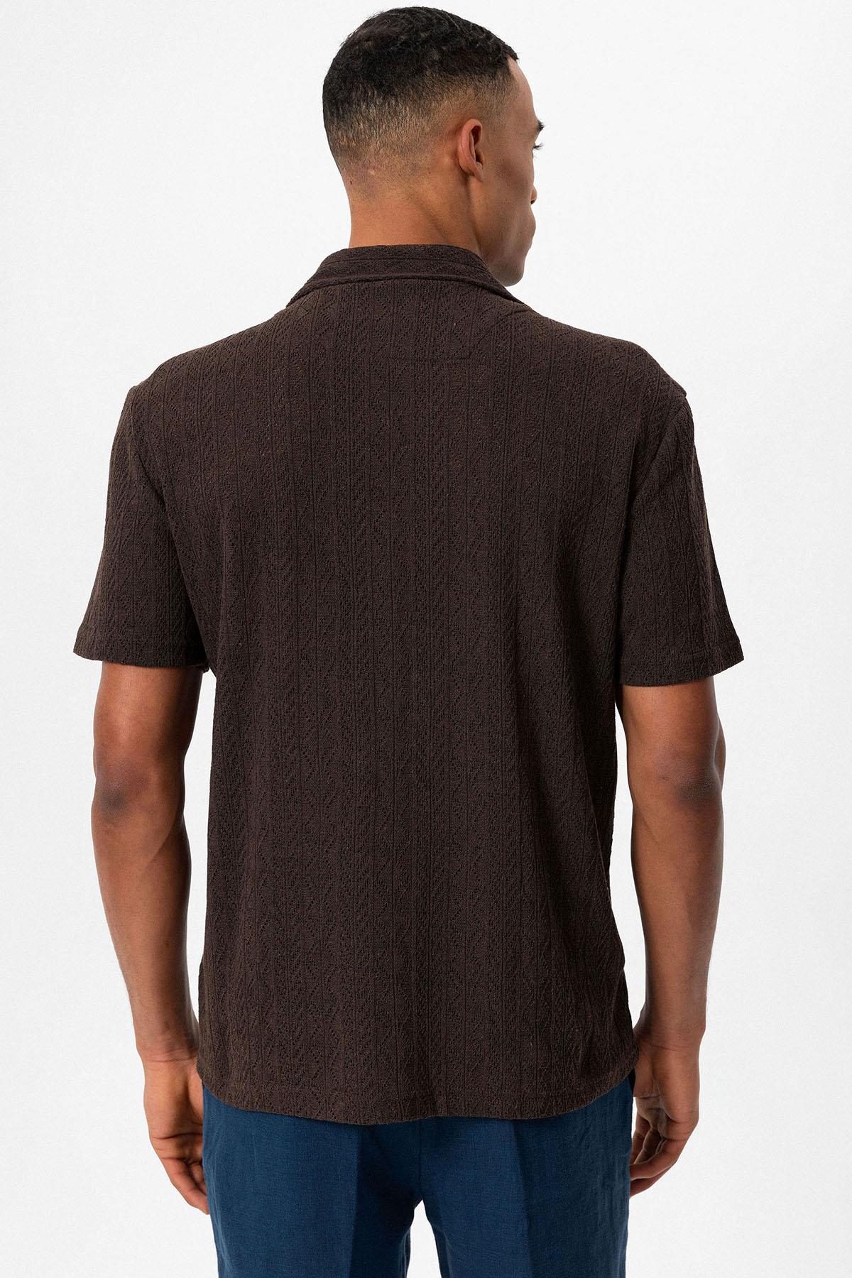 KOALA SYDNEY Men's Brown Camp Collar Knit Pattern Shirt -