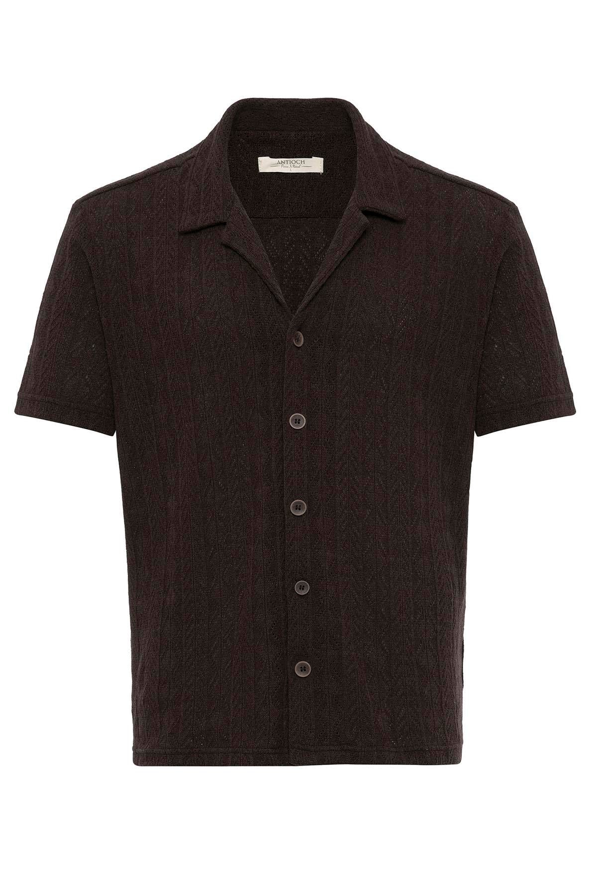 KOALA SYDNEY Men's Brown Camp Collar Knit Pattern Shirt -