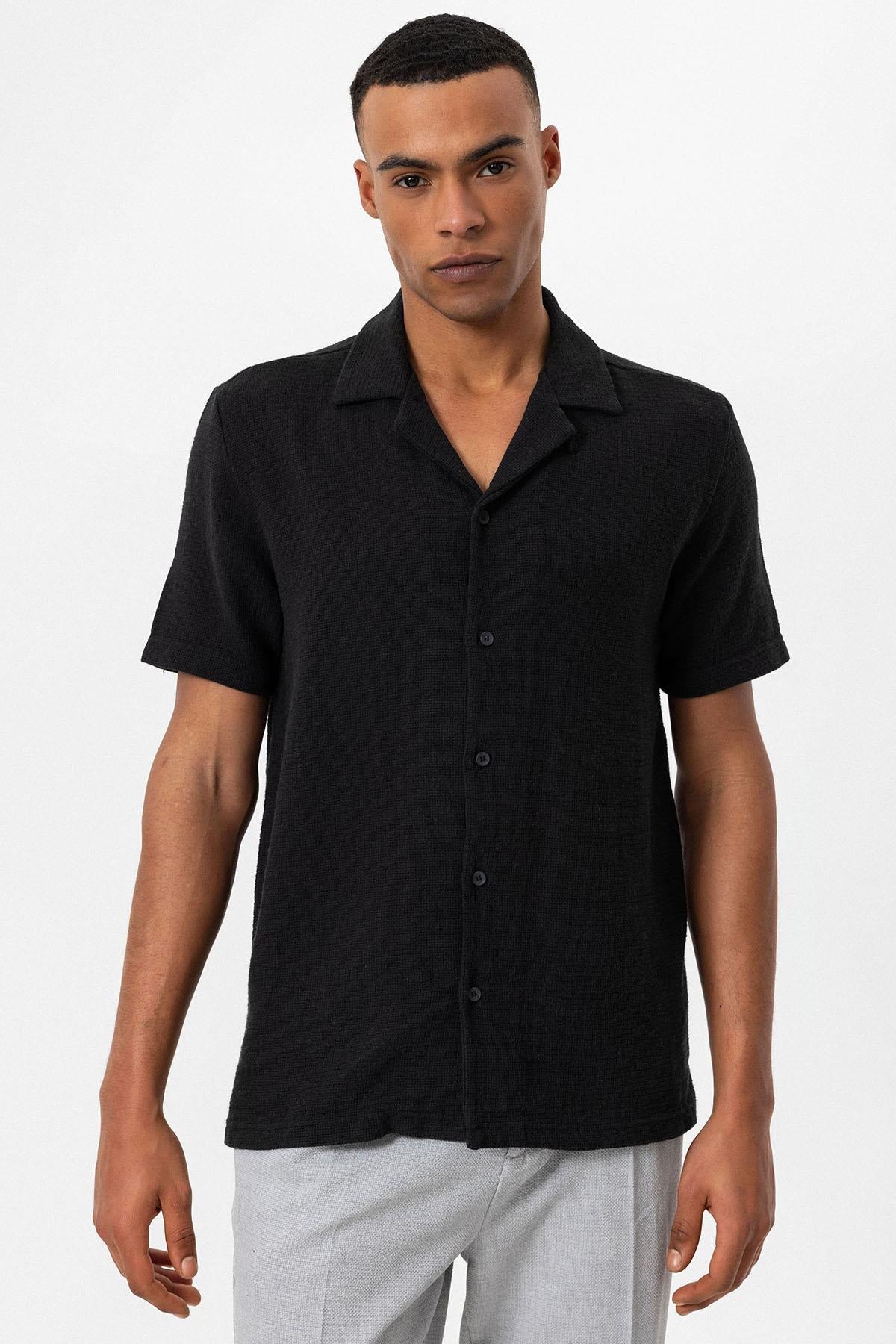 Men's Black Knit Textured Camp Collar Shirt
