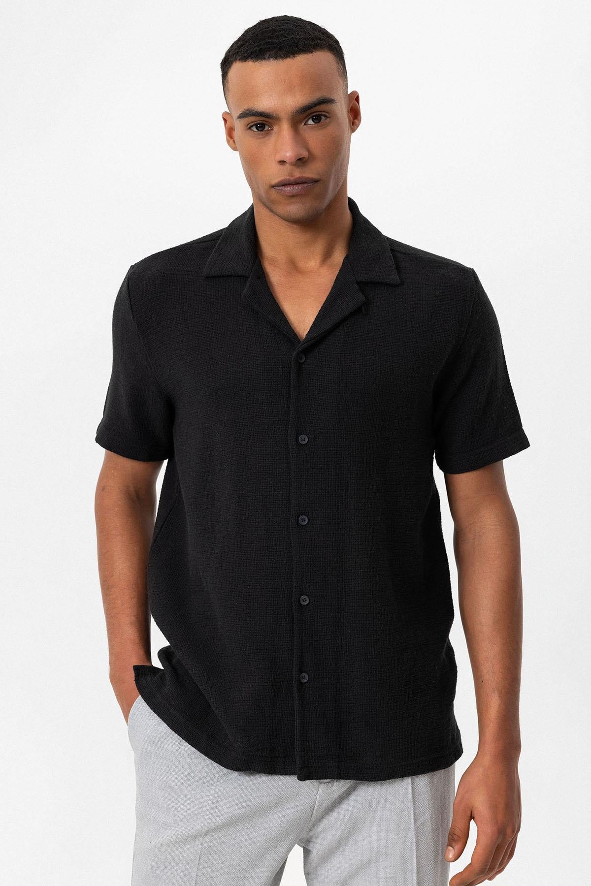 Men's Black Knit Textured Camp Collar Shirt