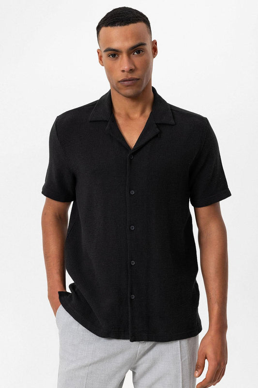 Men's Black Knit Textured Camp Collar Shirt