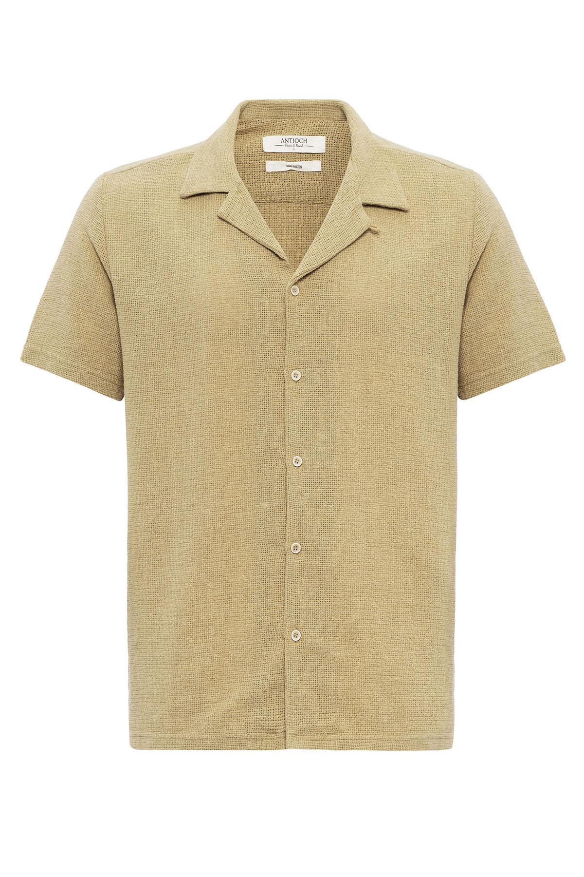 Men's Beige Knit Textured Camp Collar Shirt -