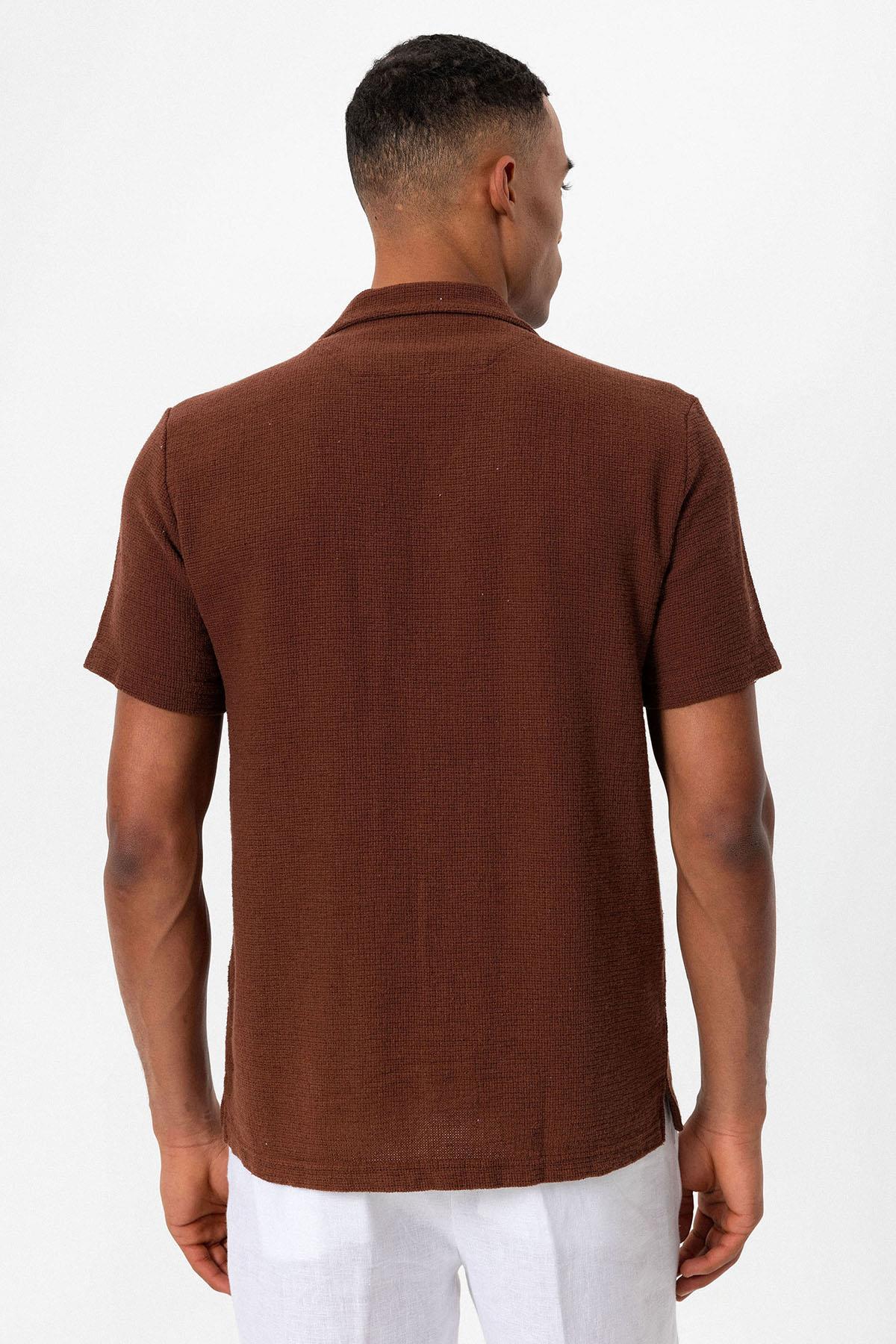 Men's Brown Knit Textured Camp Collar Shirt