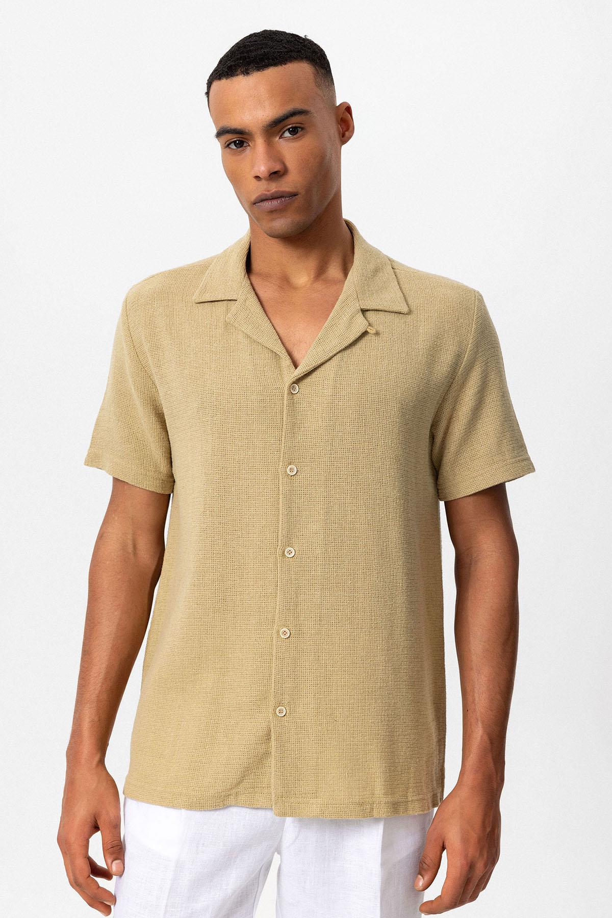 Men's Beige Knit Textured Camp Collar Shirt