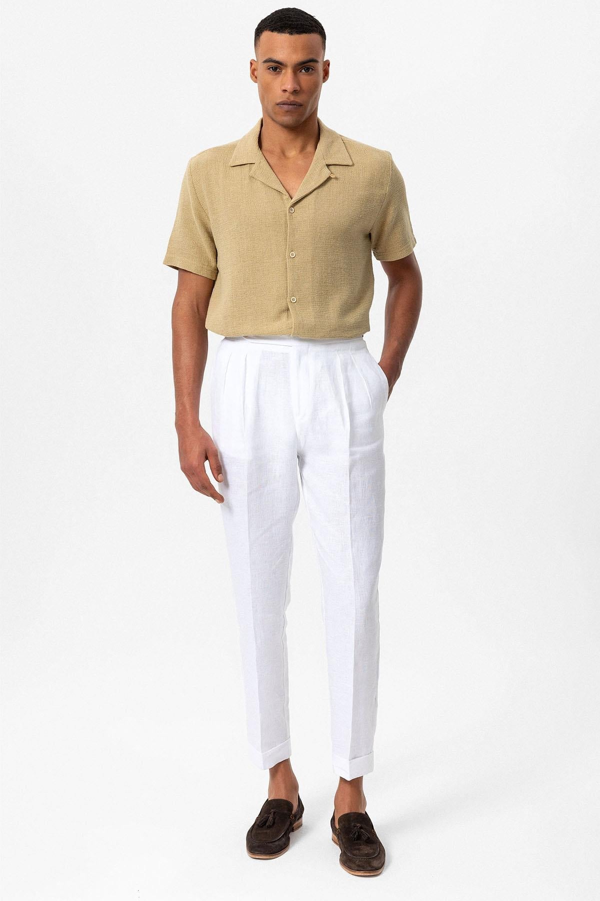 Men's Beige Knit Textured Camp Collar Shirt