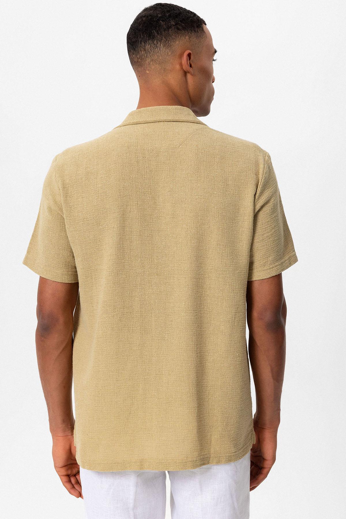 Men's Beige Knit Textured Camp Collar Shirt