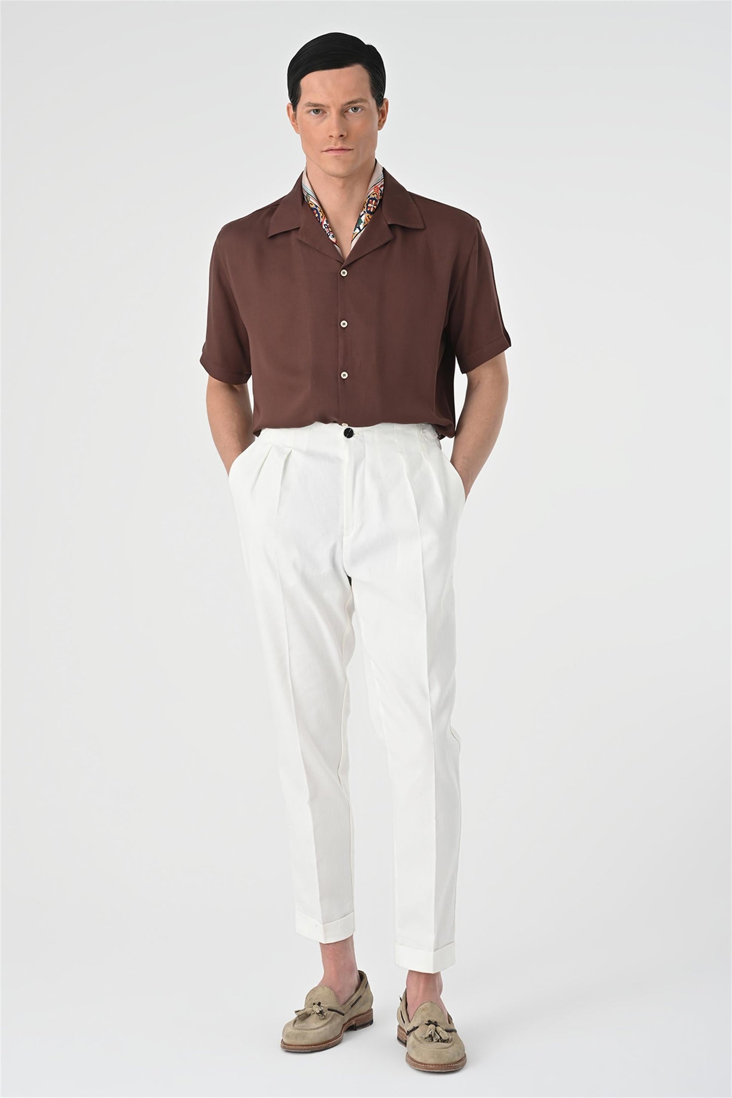 KOALA SYDNEY Men's Brown Open Collar Oversized Short Sleeve Shirt -