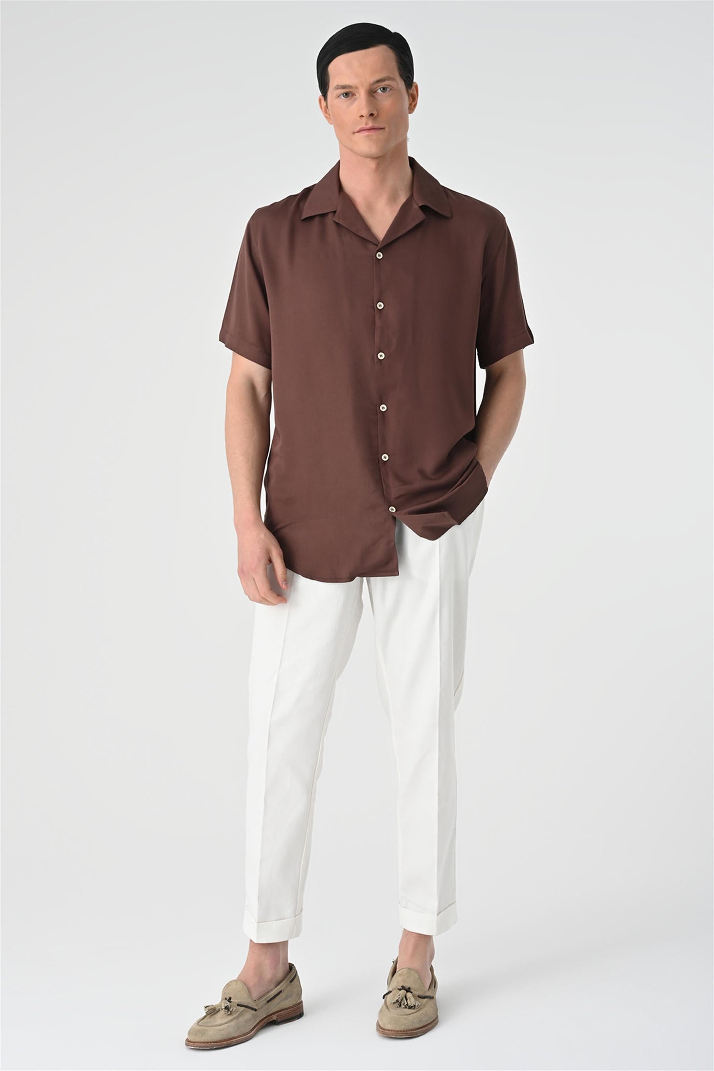 KOALA SYDNEY Men's Brown Open Collar Oversized Short Sleeve Shirt -