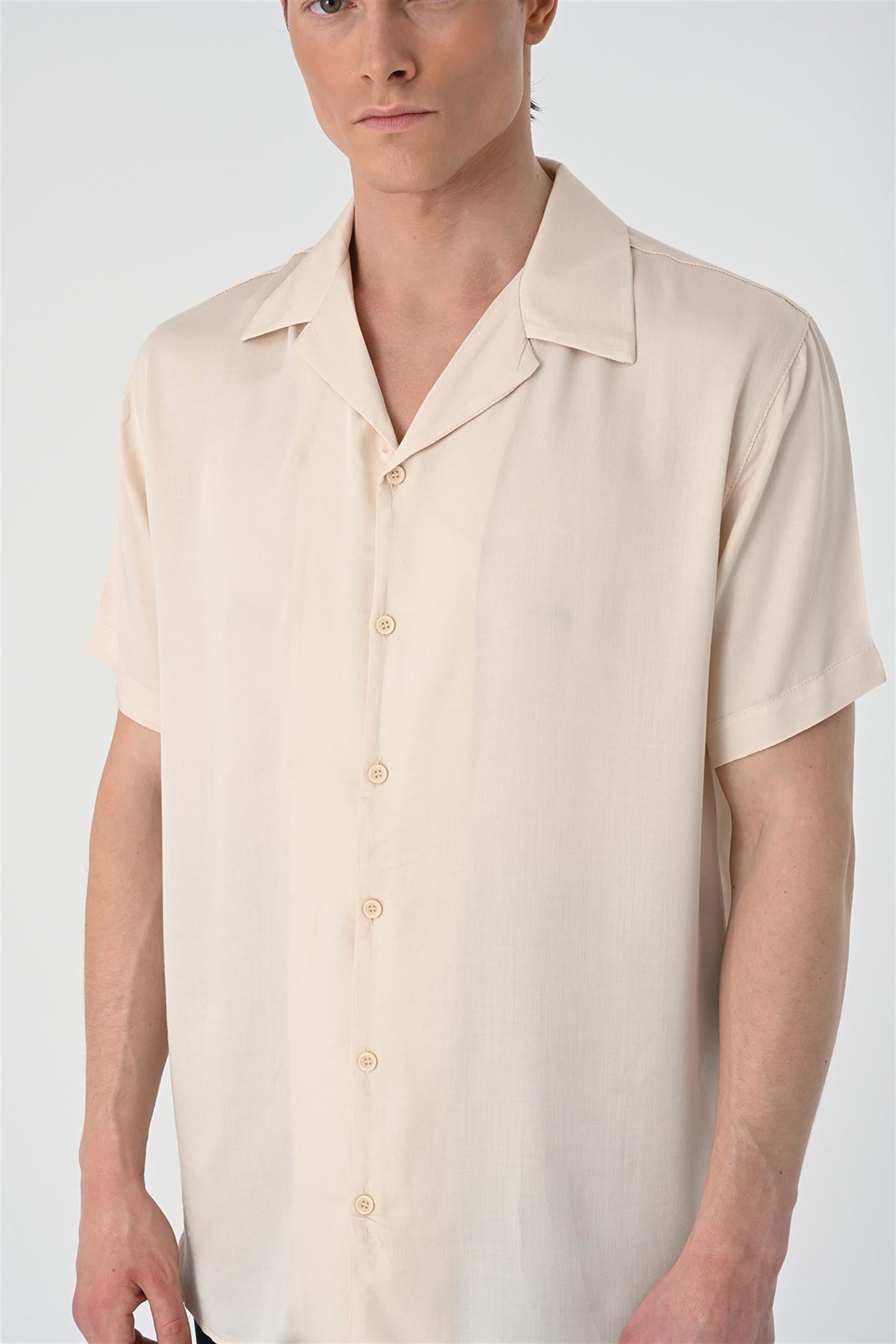 KOALA SYDNEY Men's Beige Open Collar Oversized Short Sleeve Shirt -