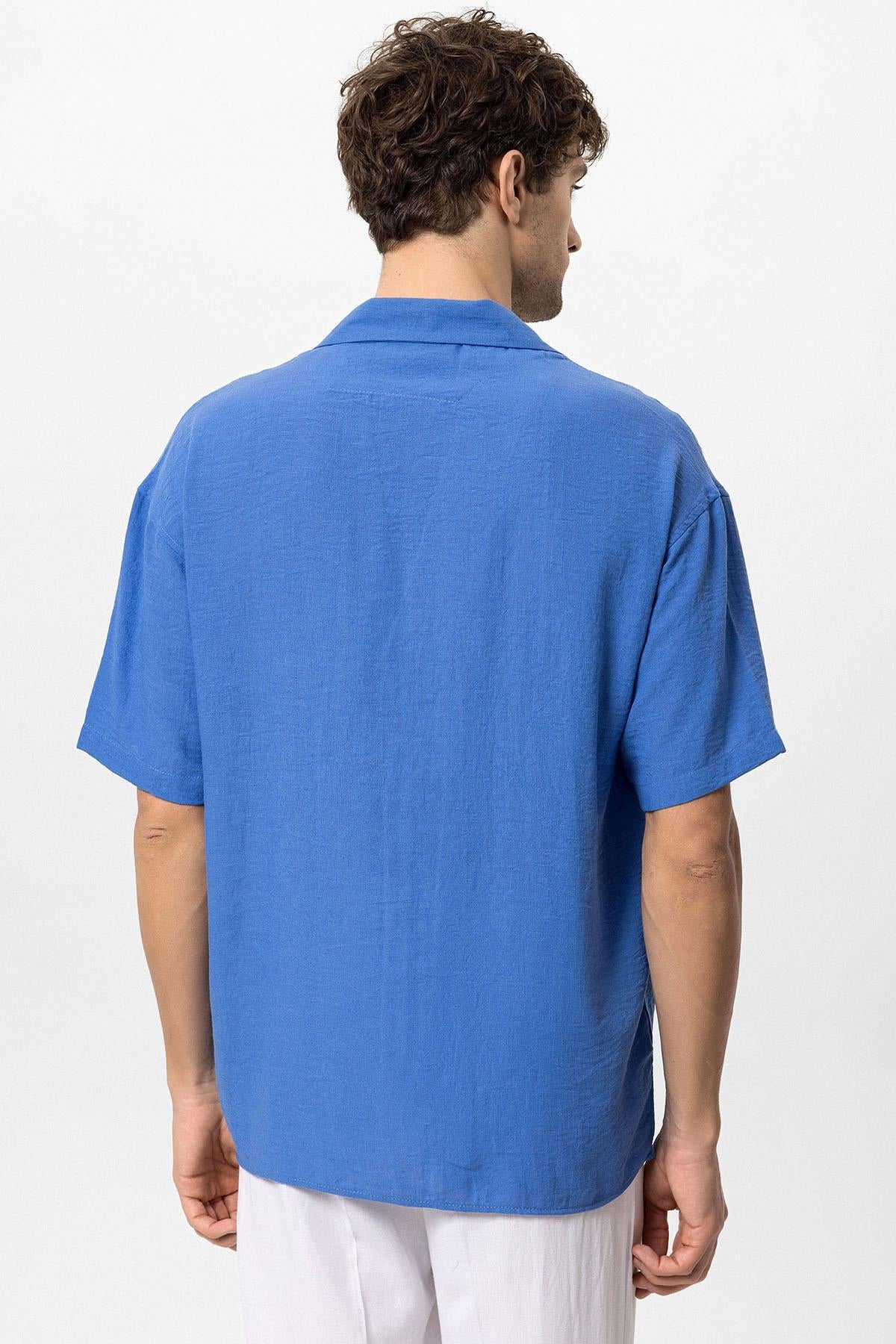 KOALA SYDNEY Men's Sax Oversized Short Sleeve Shirt with Apach Collar