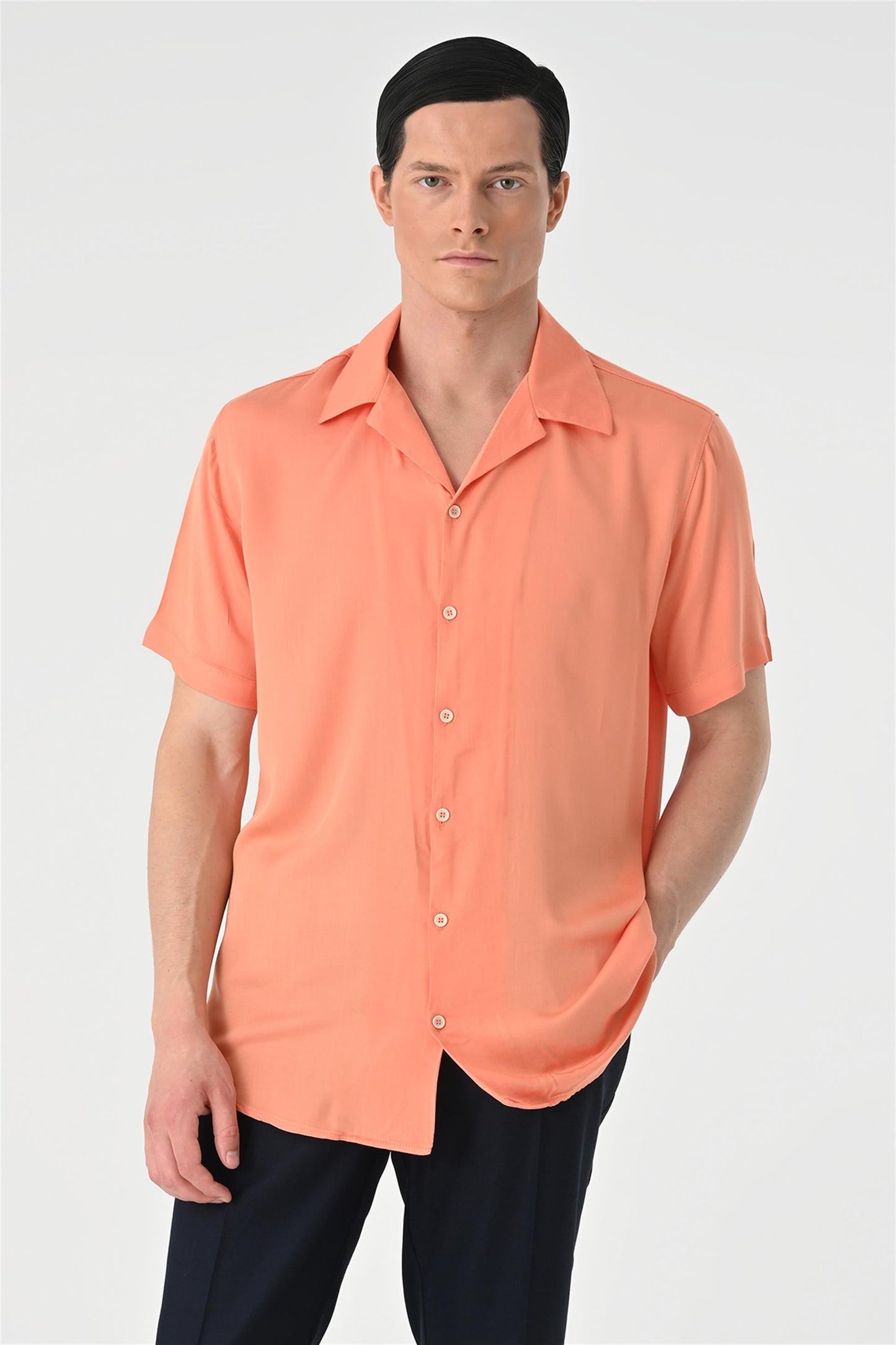 KOALA SYDNEY Men's Salmon Open Collar Oversized Short Sleeve Shirt -