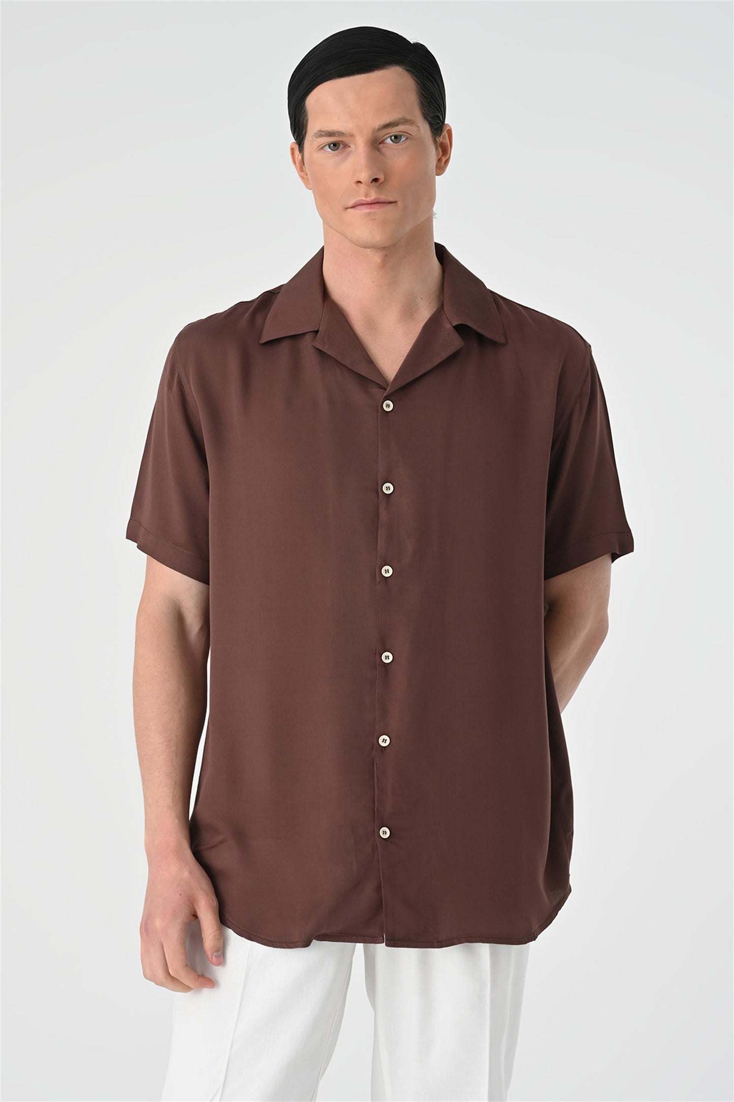 KOALA SYDNEY Men's Brown Open Collar Oversized Short Sleeve Shirt -