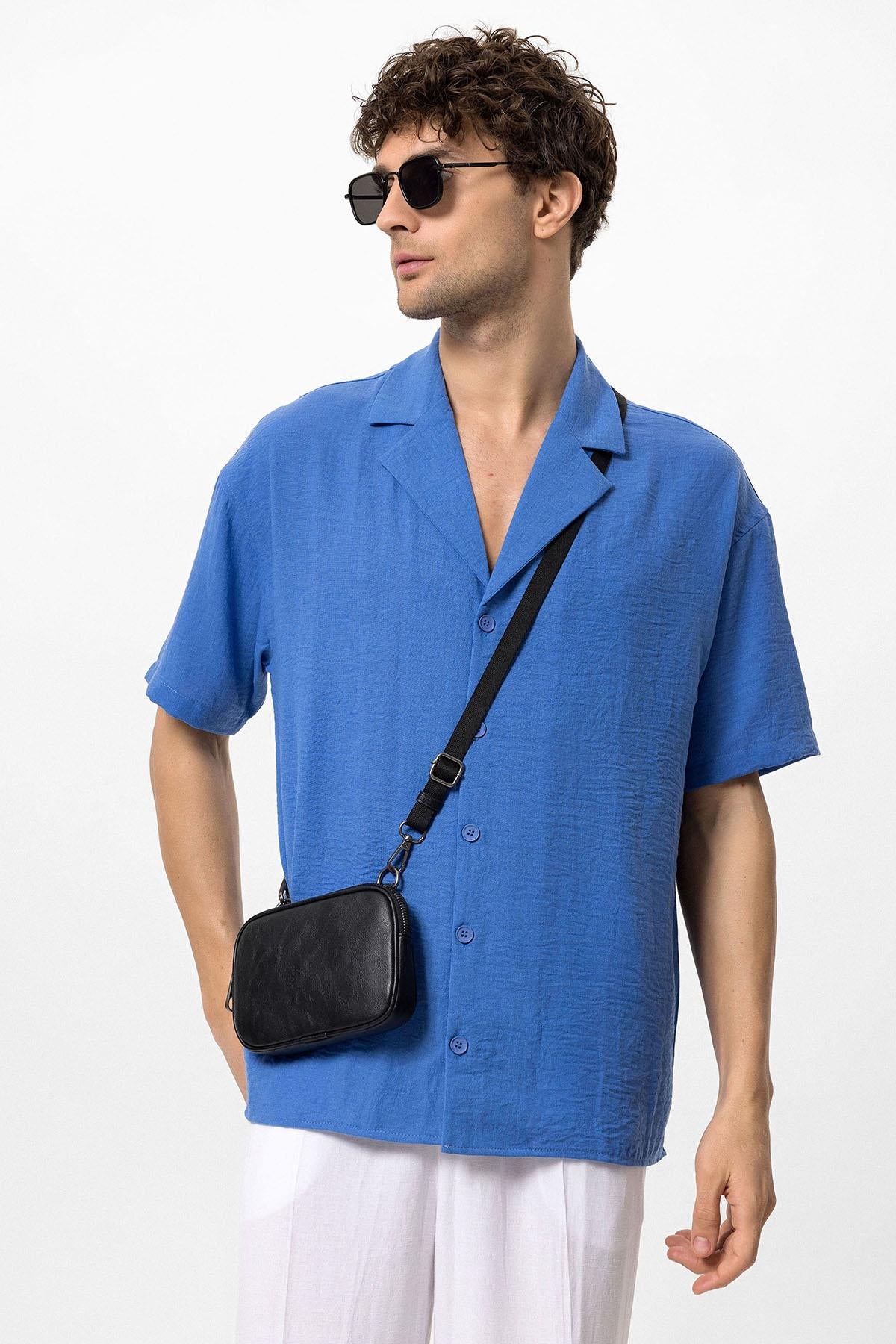 KOALA SYDNEY Men's Sax Oversized Short Sleeve Shirt with Apach Collar