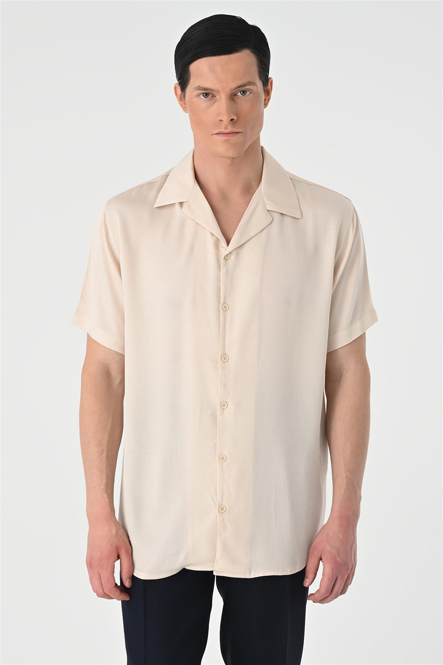 KOALA SYDNEY Men's Beige Open Collar Oversized Short Sleeve Shirt -