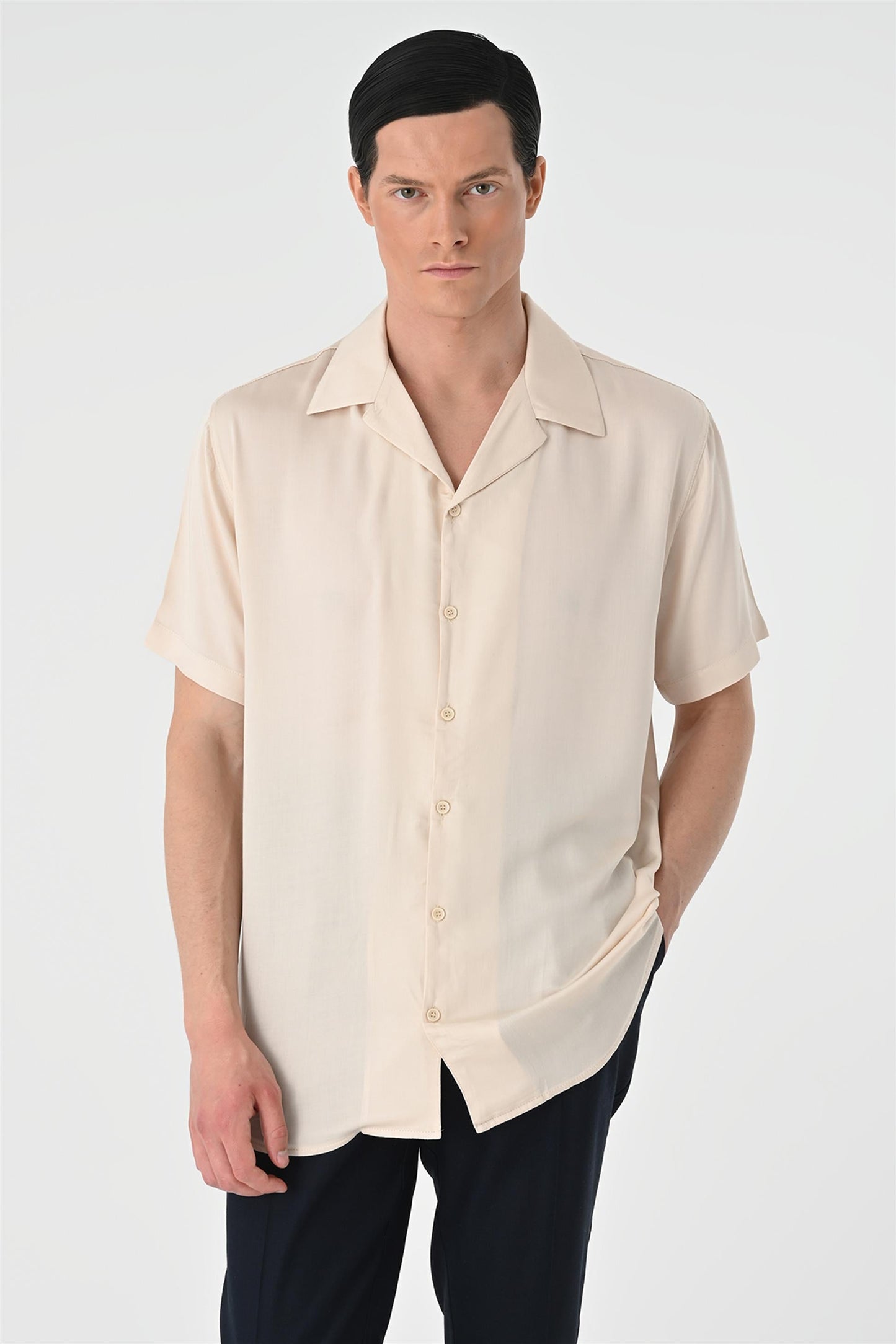 KOALA SYDNEY Men's Beige Open Collar Oversized Short Sleeve Shirt -