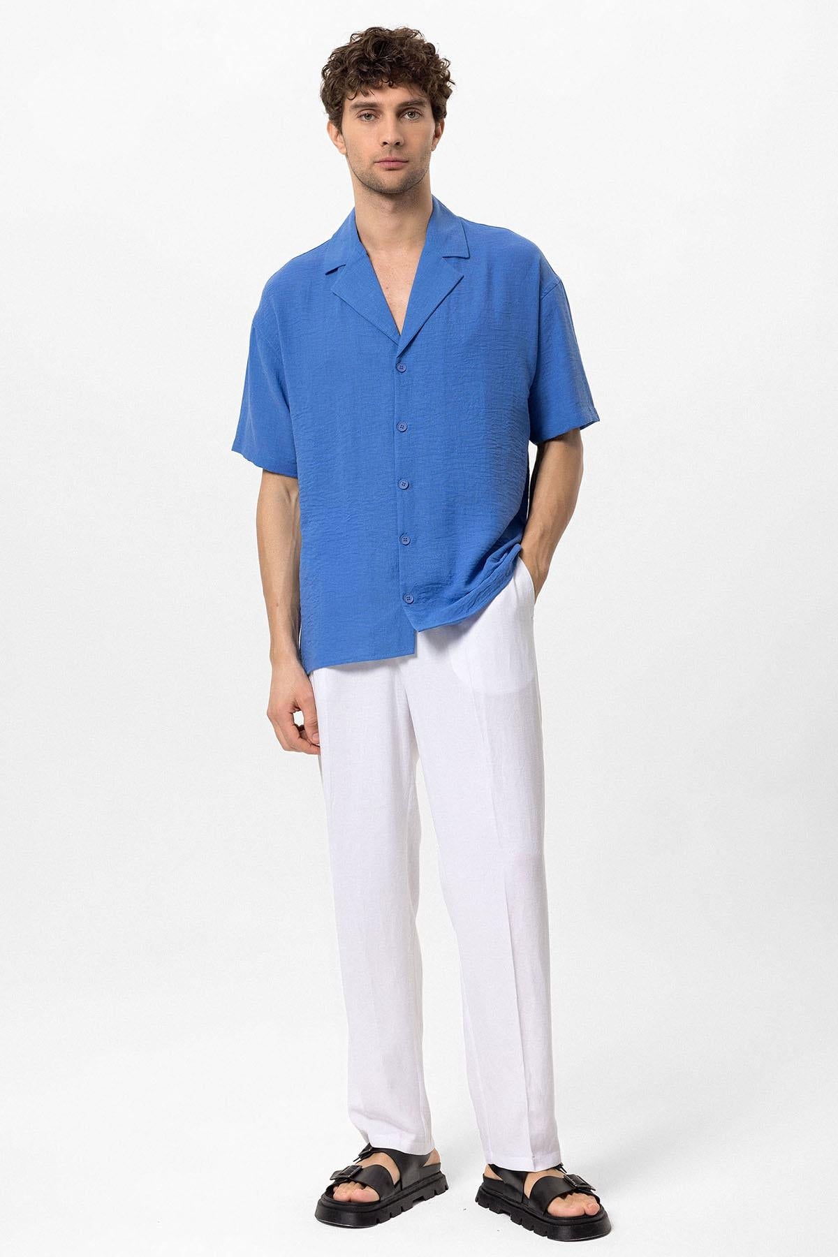KOALA SYDNEY Men's Sax Oversized Short Sleeve Shirt with Apach Collar